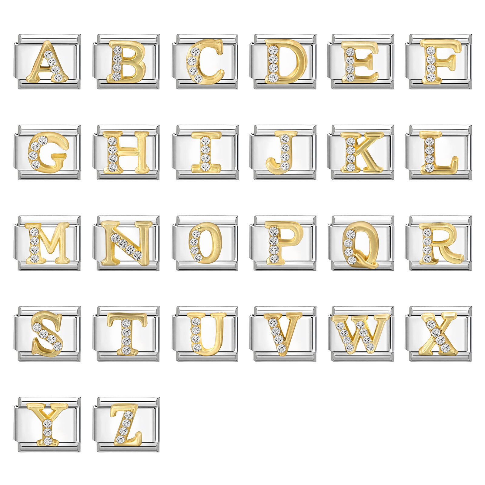 Picture of 304 Stainless Steel Capital Alphabet Initial Letter Name Italian Charm Links For DIY Bracelet Jewelry Making Silver Tone Golden Rectangle Message " A-Z " Clear Rhinestone 10mm x 9mm