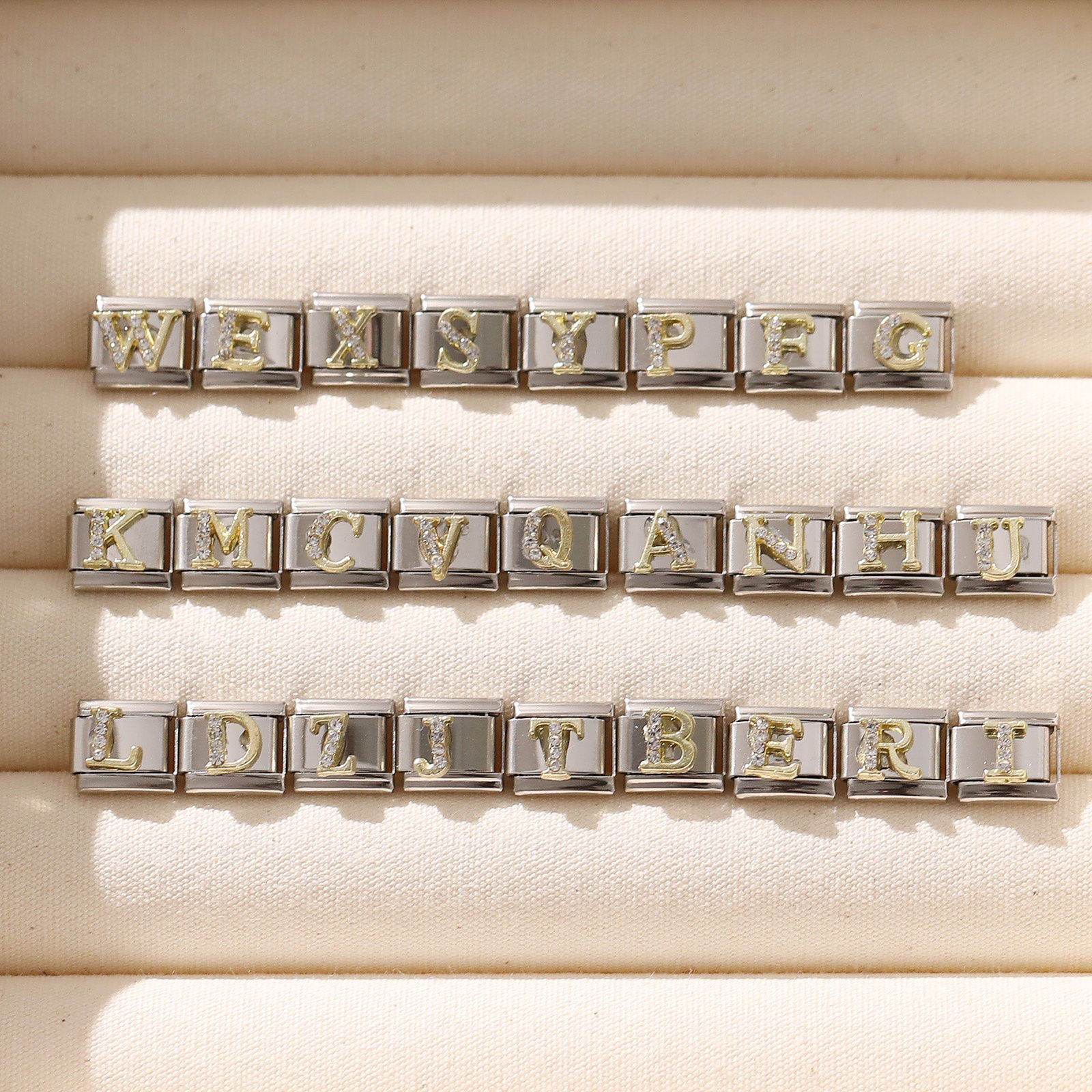 Picture of 304 Stainless Steel Capital Alphabet Initial Letter Name Italian Charm Links For DIY Bracelet Jewelry Making Silver Tone Golden Rectangle Message " A-Z " Clear Rhinestone 10mm x 9mm
