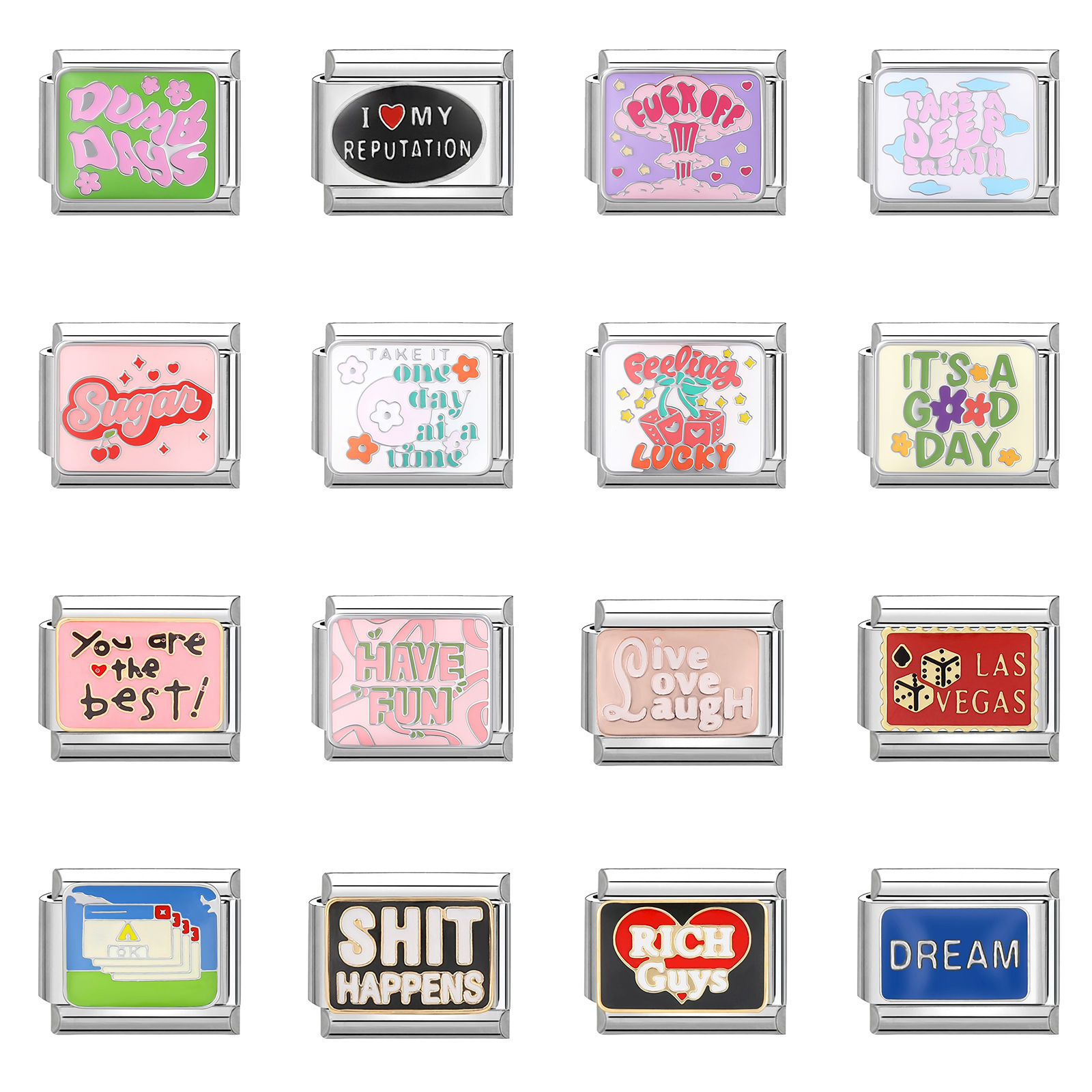 Picture of 304 Stainless Steel Stylish Italian Charm Links For DIY Bracelet Jewelry Making Silver Tone Rectangle Word Message 10mm x 9mm