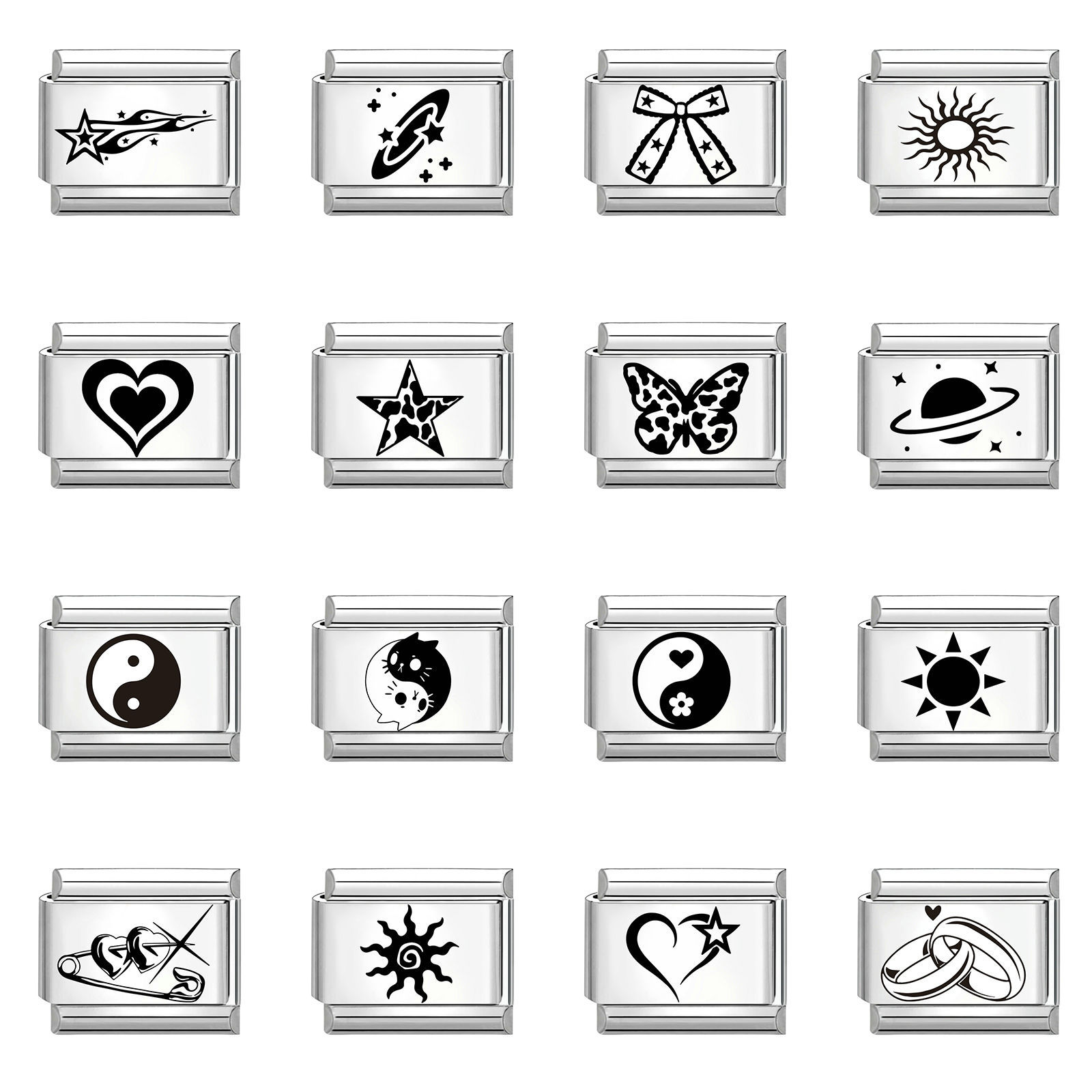 Imagen de 304 Stainless Steel Stylish Italian Charm Links For DIY Bracelet Jewelry Making Silver Tone Black Rectangle 10mm x 9mm