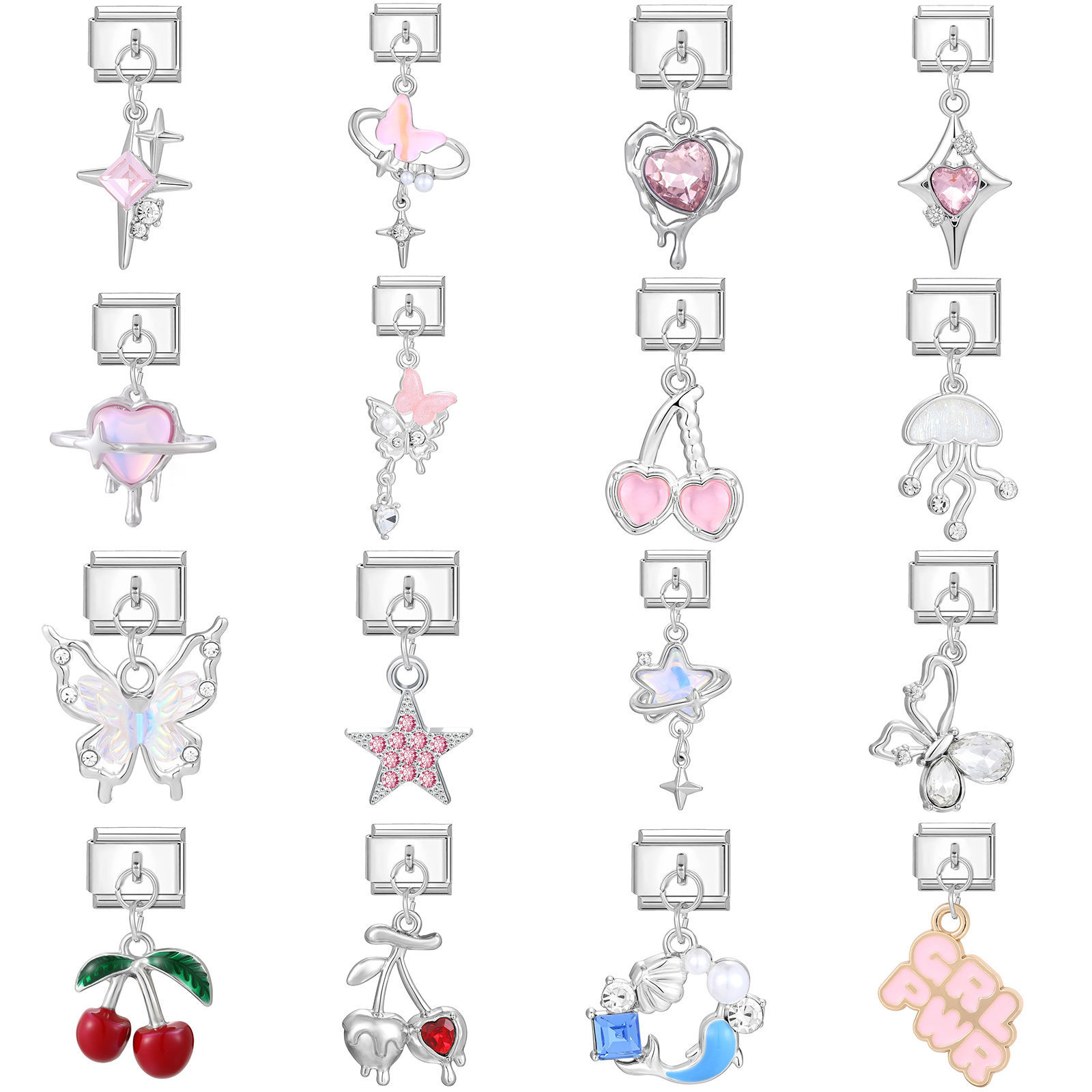 Picture of 304 Stainless Steel Stylish Italian Charm Links For DIY Bracelet Jewelry Making Silver Tone Rectangle With Pendant 10mm x 9mm