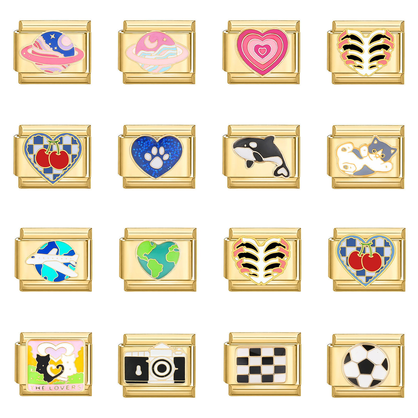 Picture of 304 Stainless Steel Stylish Italian Charm Links For DIY Bracelet Jewelry Making Gold Plated Rectangle Heart 10mm x 9mm