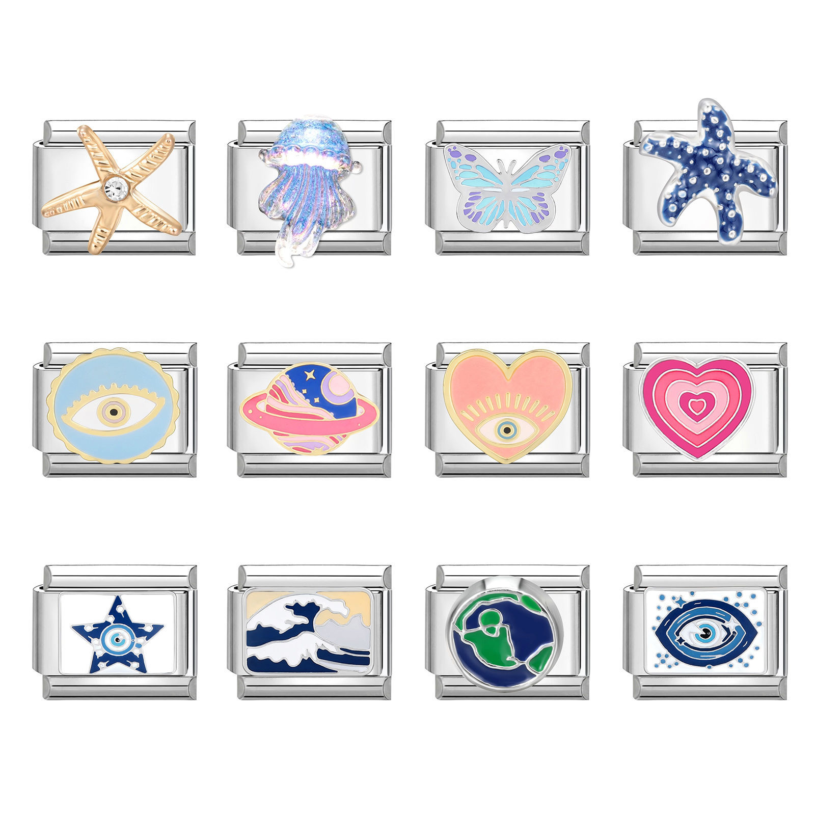 Picture of 304 Stainless Steel Italian Charm Links For DIY Bracelet Jewelry Making Silver Tone Rectangle Eye 10mm x 9mm