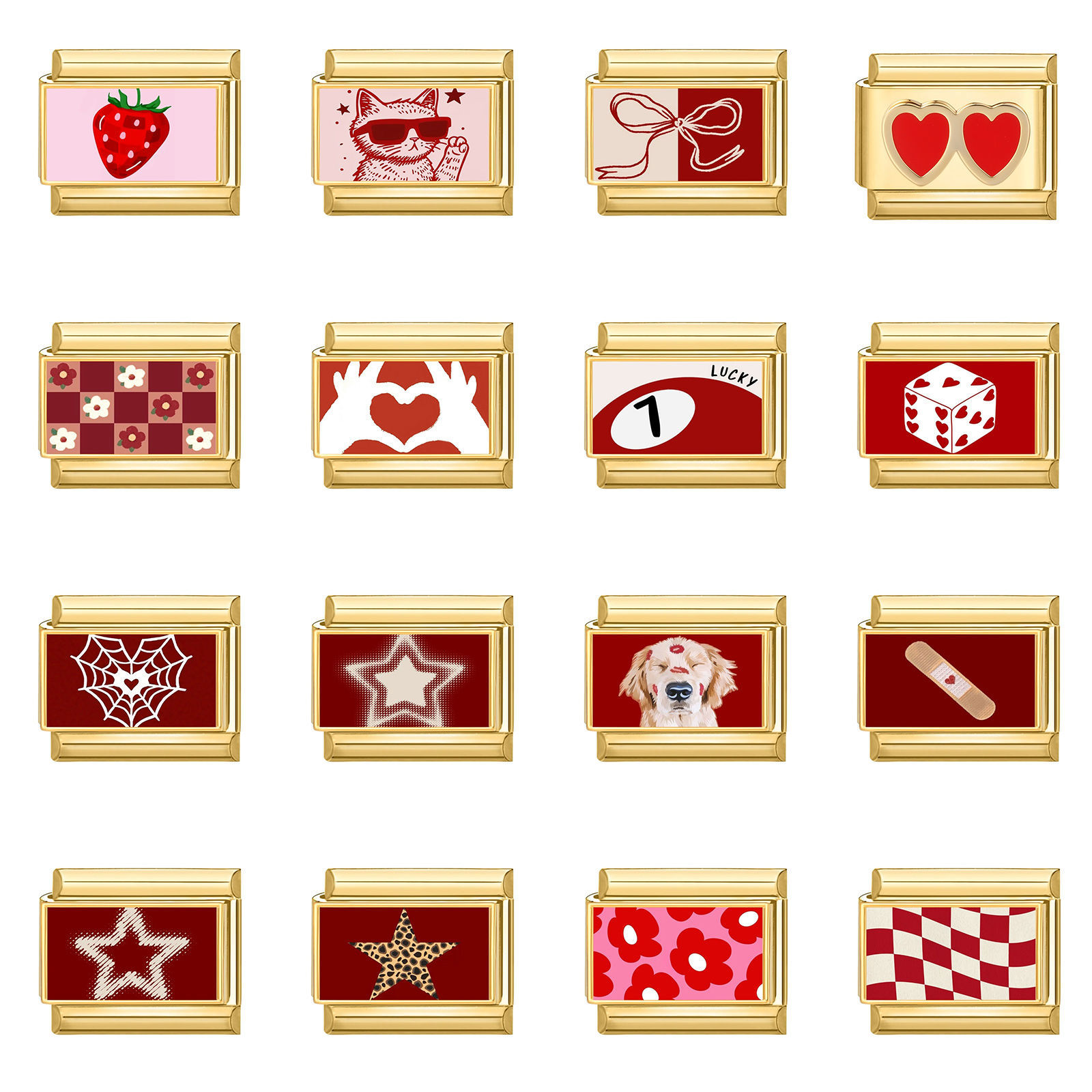 Picture of 304 Stainless Steel Italian Charm Links For DIY Bracelet Jewelry Making Gold Plated Red Rectangle 10mm x 9mm