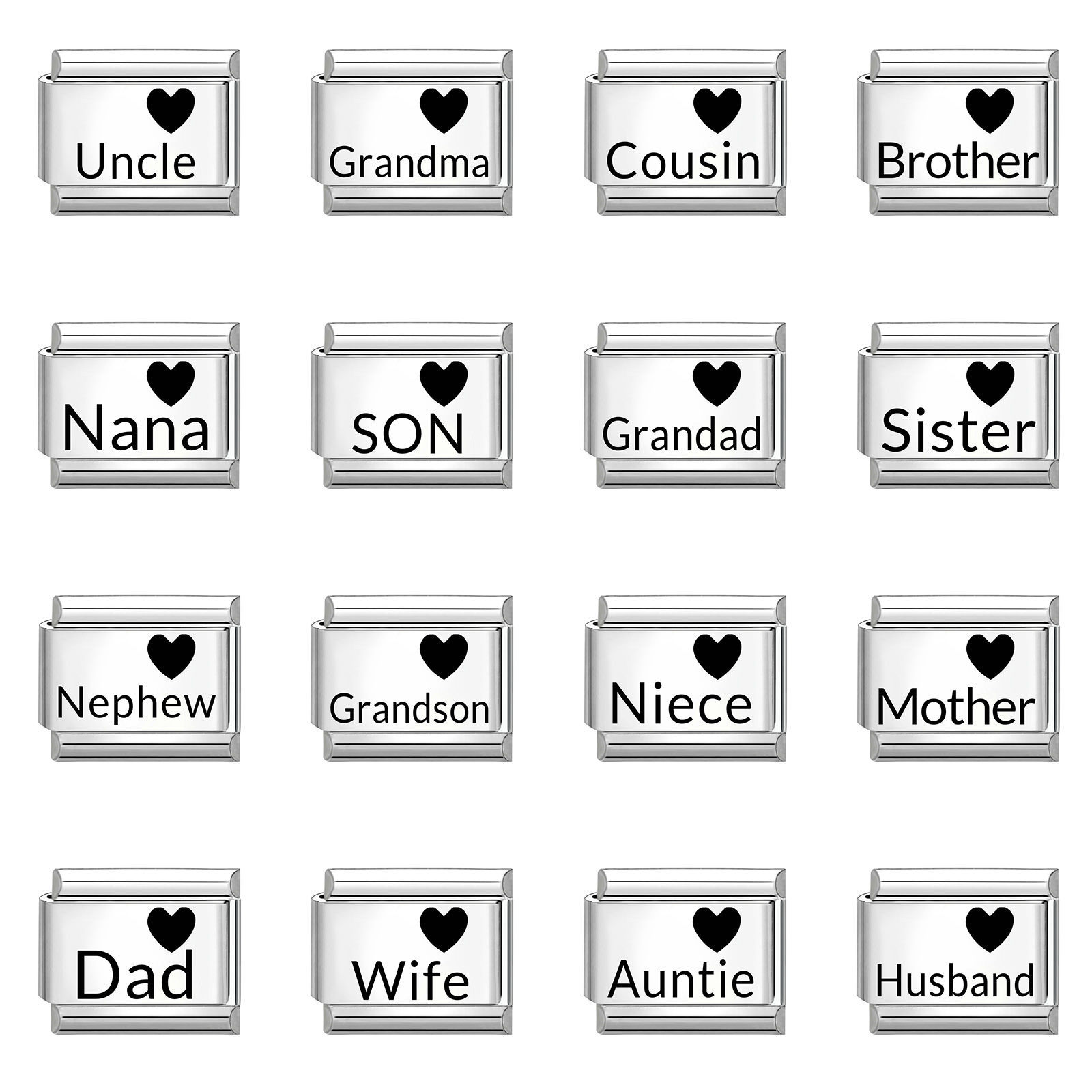 Picture of 1 Piece 304 Stainless Steel Family Jewelry Italian Charm Links For DIY Bracelet Jewelry Making Wholesale Silver Tone Black Rectangle Heart 10mm x 9mm