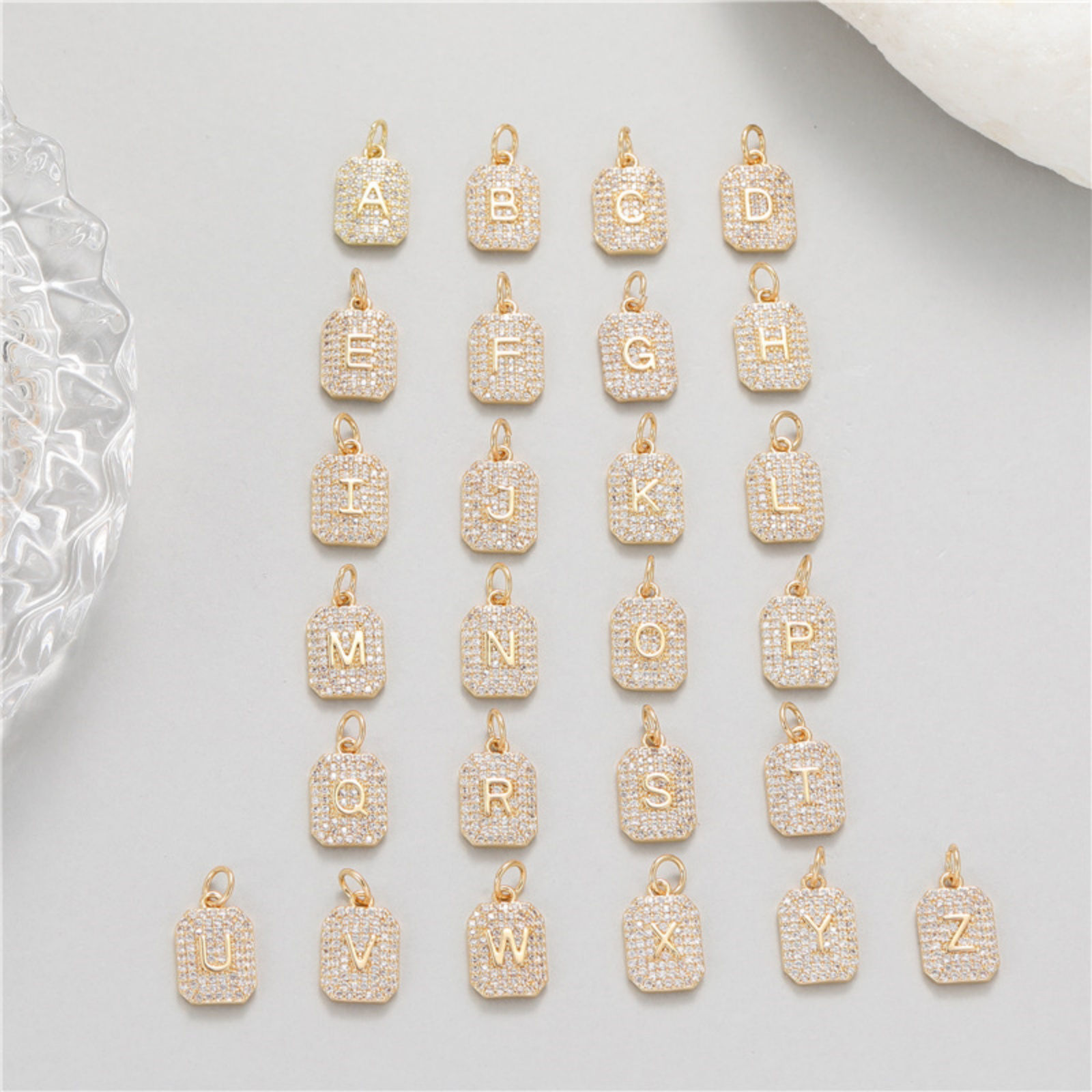Picture of Brass Micro Pave Charms 14K Gold Plated Rectangle Capital Alphabet Initial Letter Clear Cubic Zirconia 17mm x 9mm