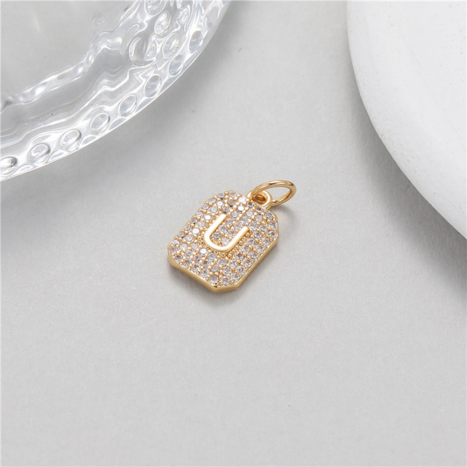 Picture of Brass Micro Pave Charms 14K Gold Plated Rectangle Capital Alphabet Initial Letter Clear Cubic Zirconia 17mm x 9mm