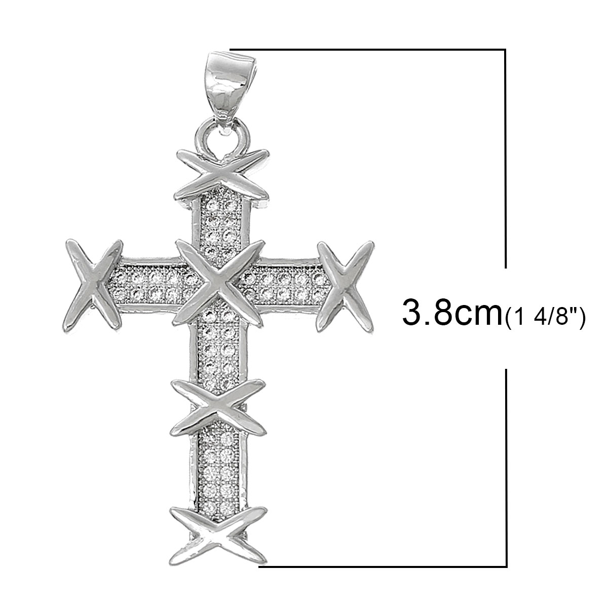 真鍮 マイクロパヴェ ペンダント クロス シルバー 透明 ジルコン付 38mmx 22mm、 1 個 の画像
