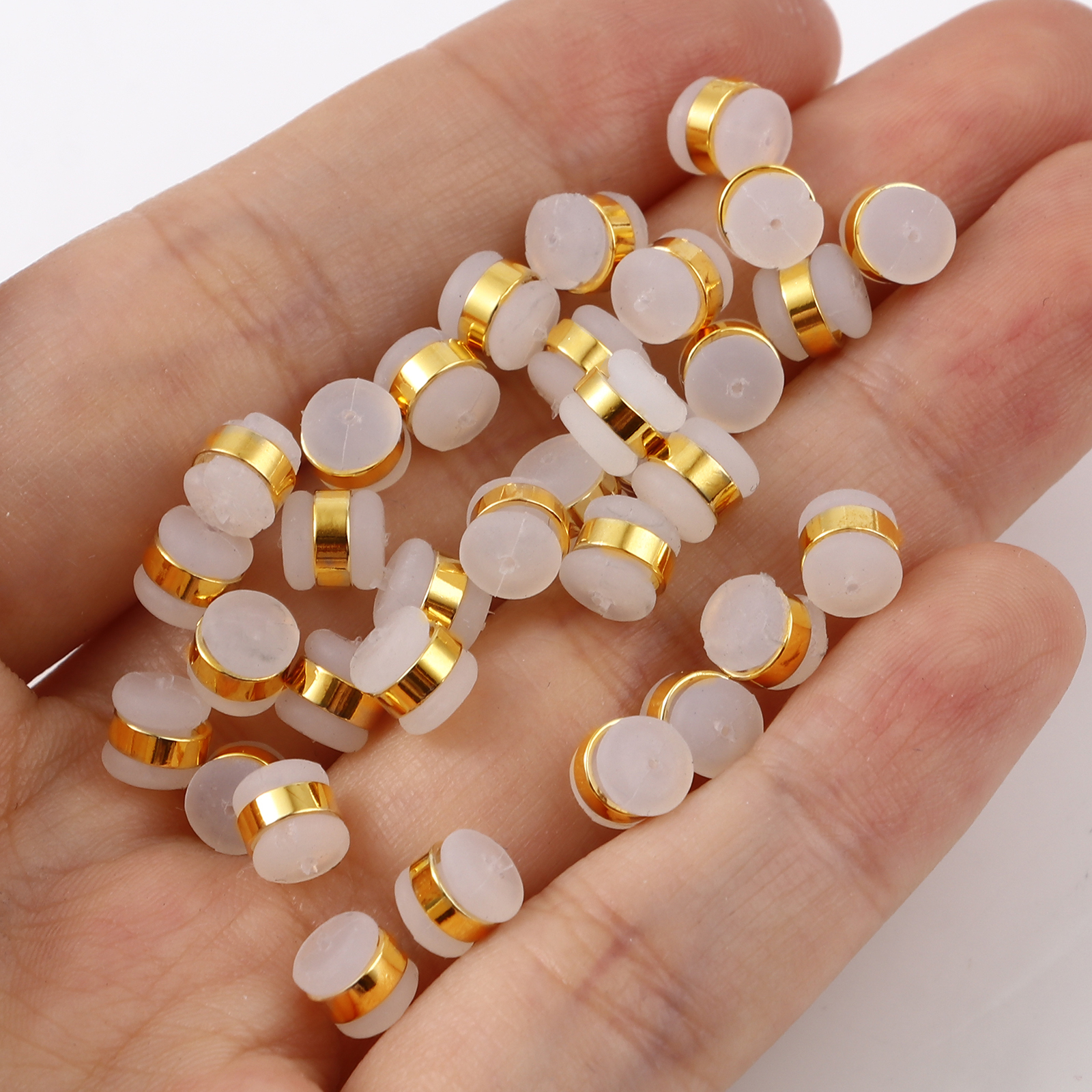 Picture of Brass & Silicone Ear Nuts Post Stopper Earring Findings 18K Real Gold Plated White Cylinder 6mm x 5mm, 10 PCs