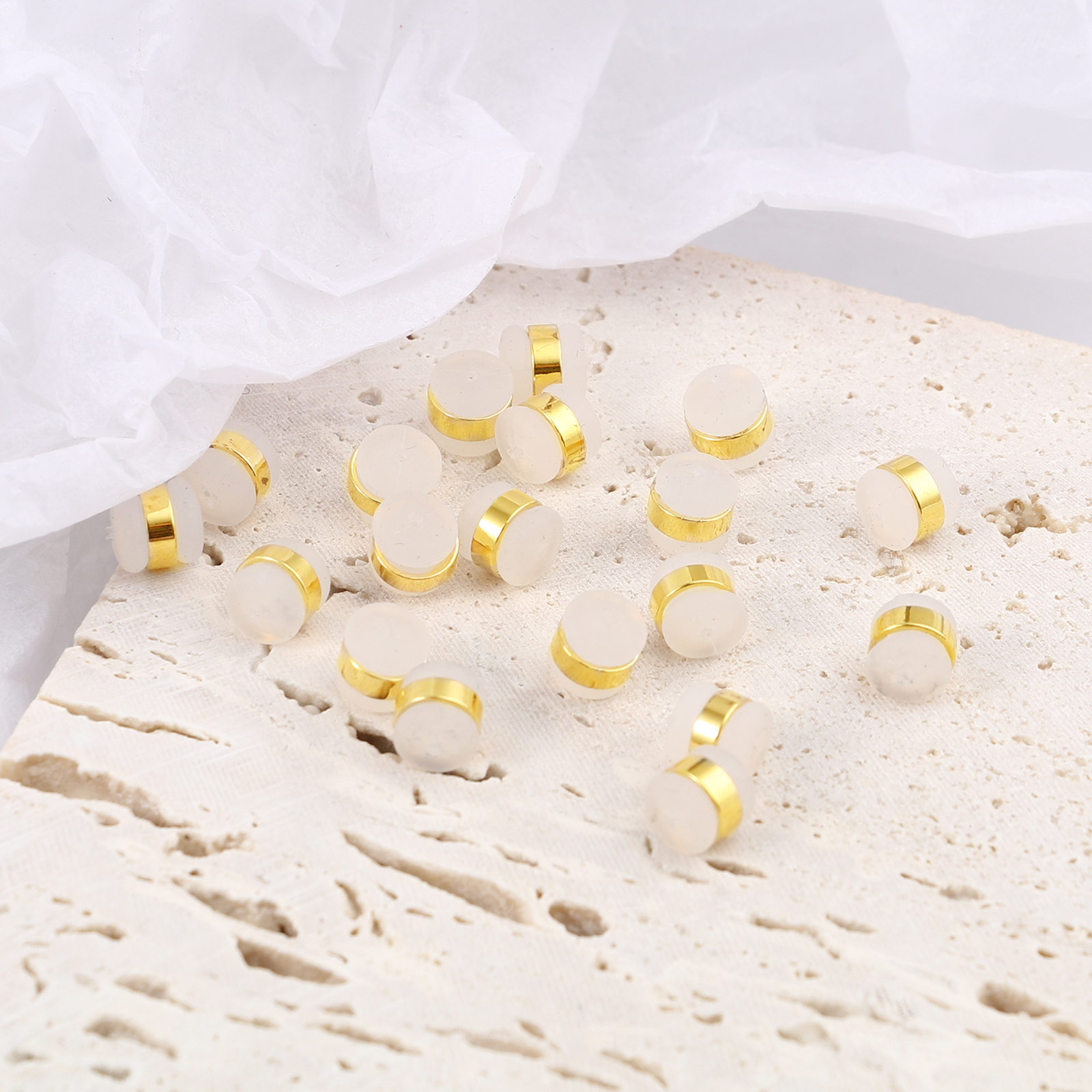 Picture of Brass & Silicone Ear Nuts Post Stopper Earring Findings 18K Real Gold Plated White Cylinder 6mm x 5mm, 10 PCs