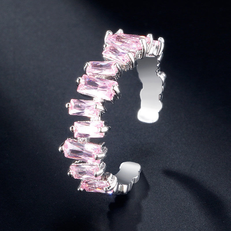 Bild von Messing Offen Ring Platin Plattiert Verstellbar Rosa Zirkonia 1 Stück