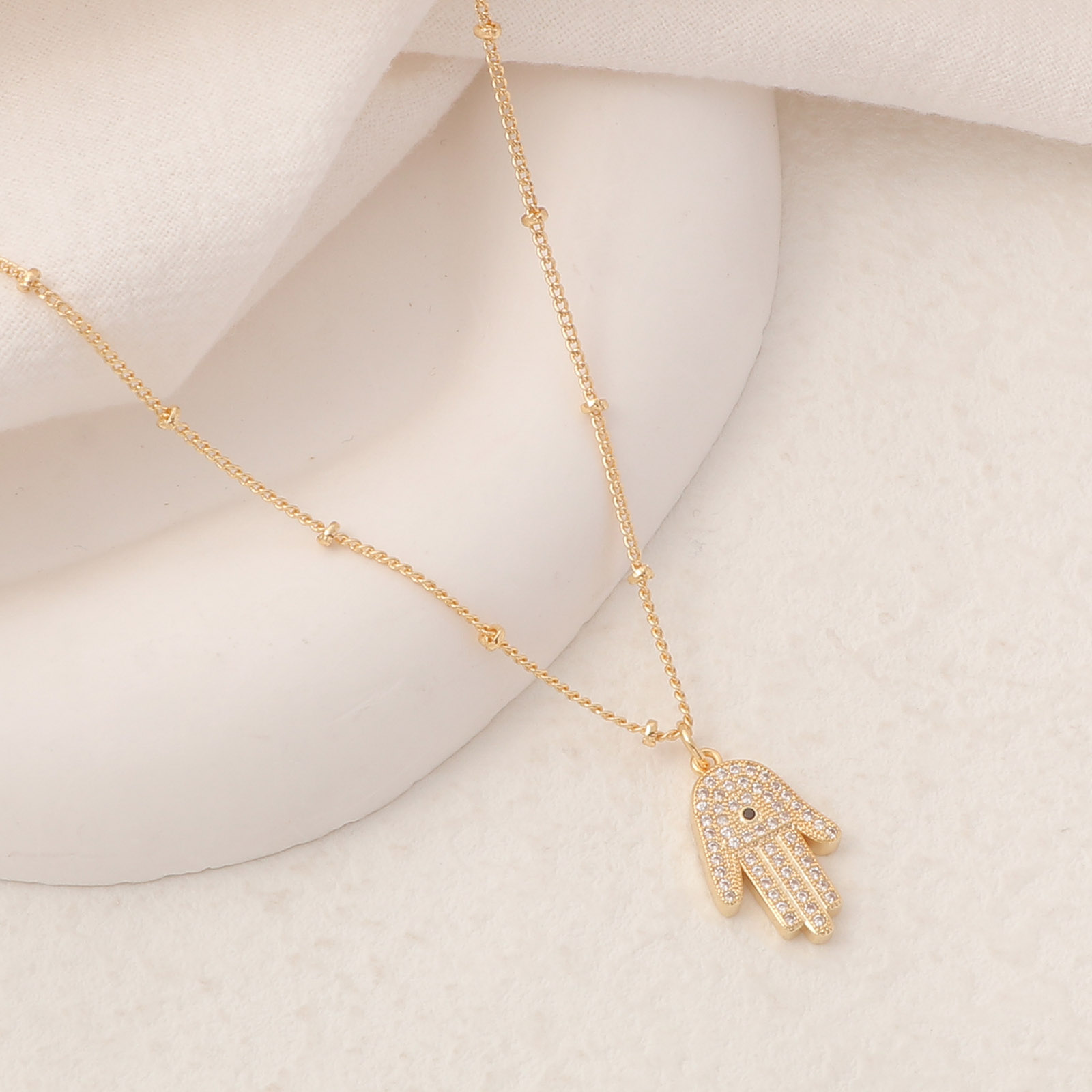 Bild von Umweltfreundlich Einfach und lässig Religiös 14K Gold Messing Kugelkette Kette Hamsa Symbol Hand Micro Pave Anhänger Halskette Für Frauen 45cm lang, 1 Strang