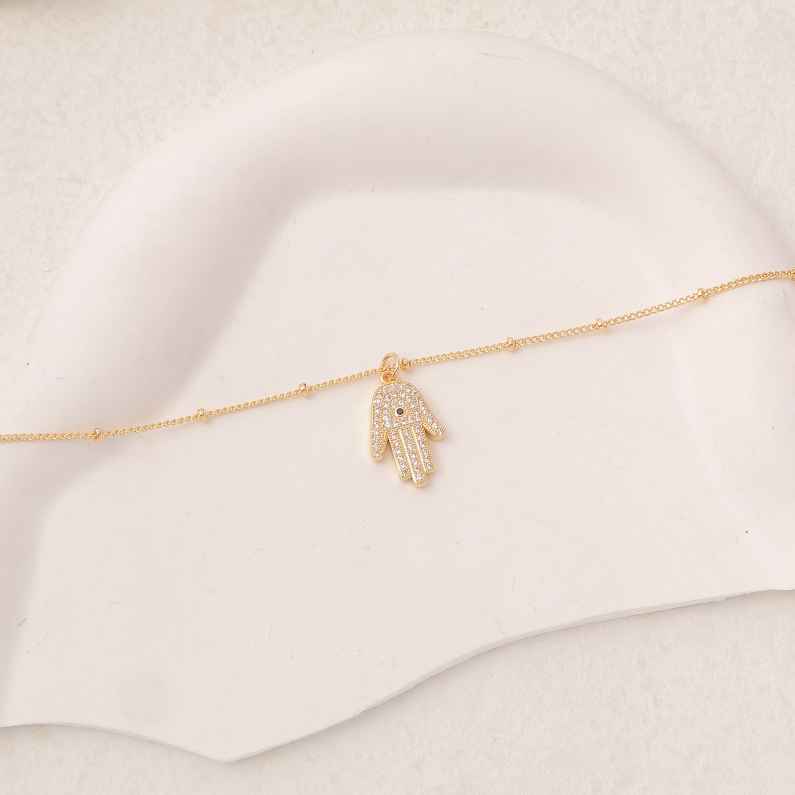 Bild von Umweltfreundlich Einfach und lässig Religiös 14K Gold Messing Kugelkette Kette Hamsa Symbol Hand Micro Pave Anhänger Halskette Für Frauen 45cm lang, 1 Strang