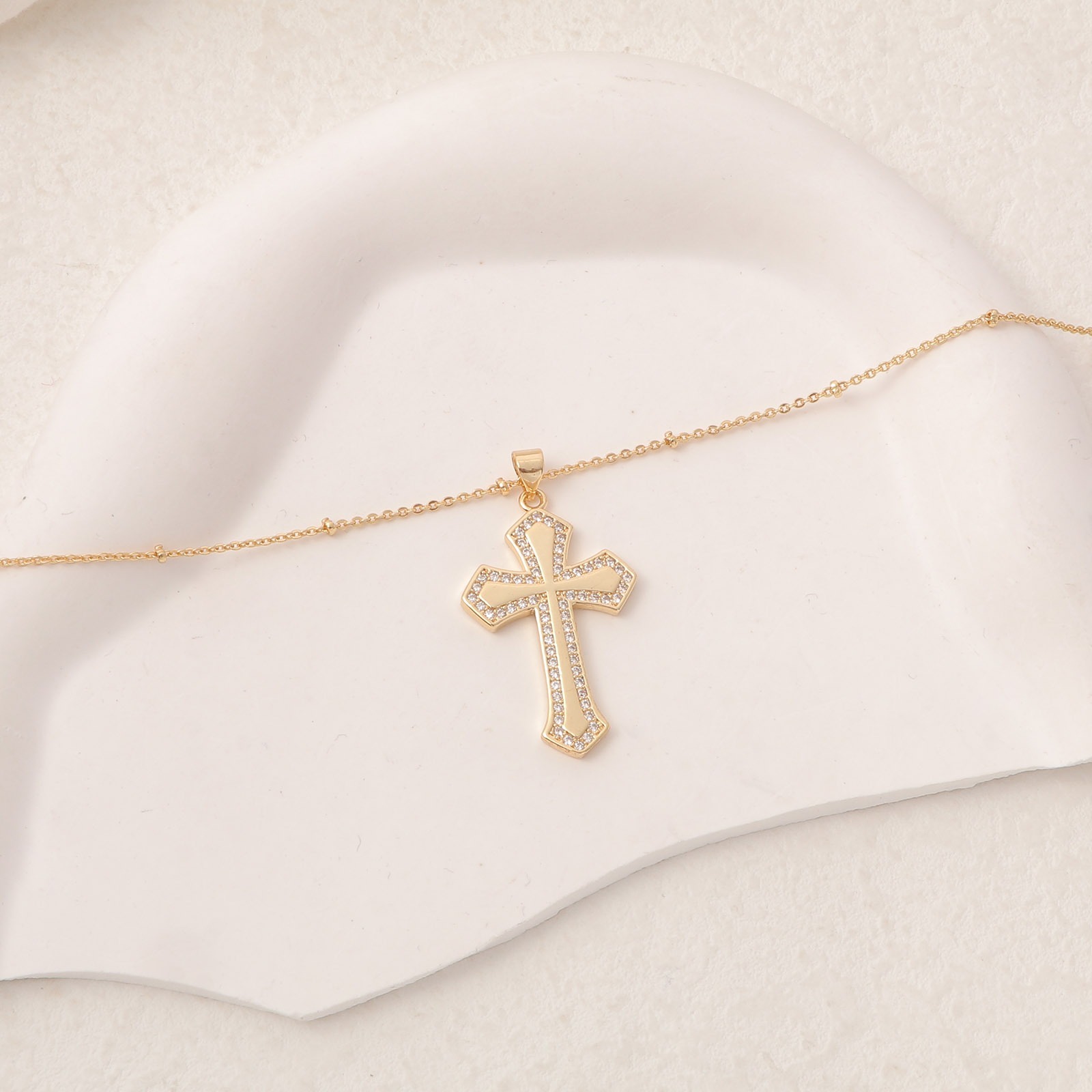Picture of Eco-friendly Simple & Casual Religious 18K Gold Plated Brass Ball Chain Cross Unisex 42cm(16 4/8") long, 1 Piece