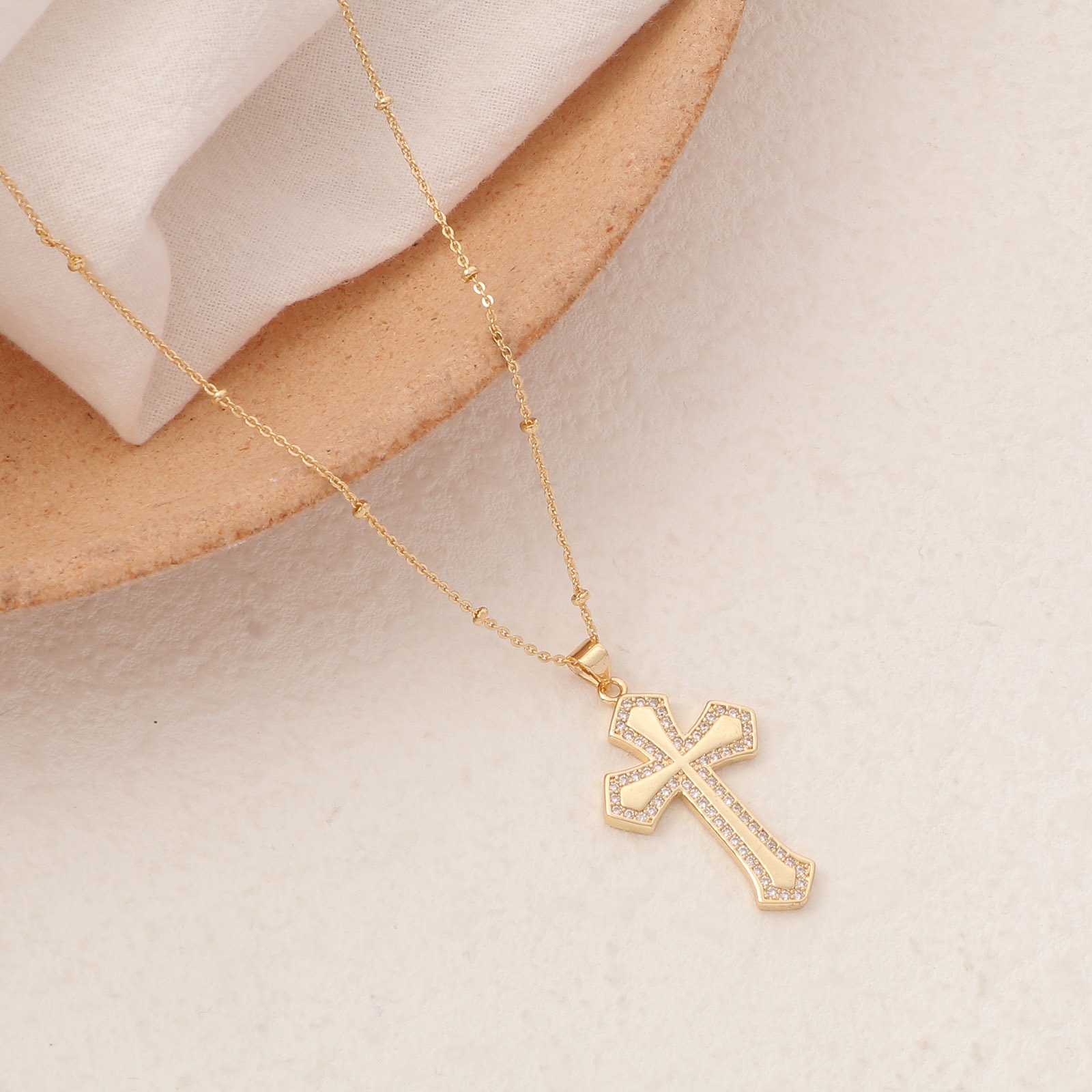 Picture of Eco-friendly Simple & Casual Religious 18K Gold Plated Brass Ball Chain Cross Unisex 42cm(16 4/8") long, 1 Piece
