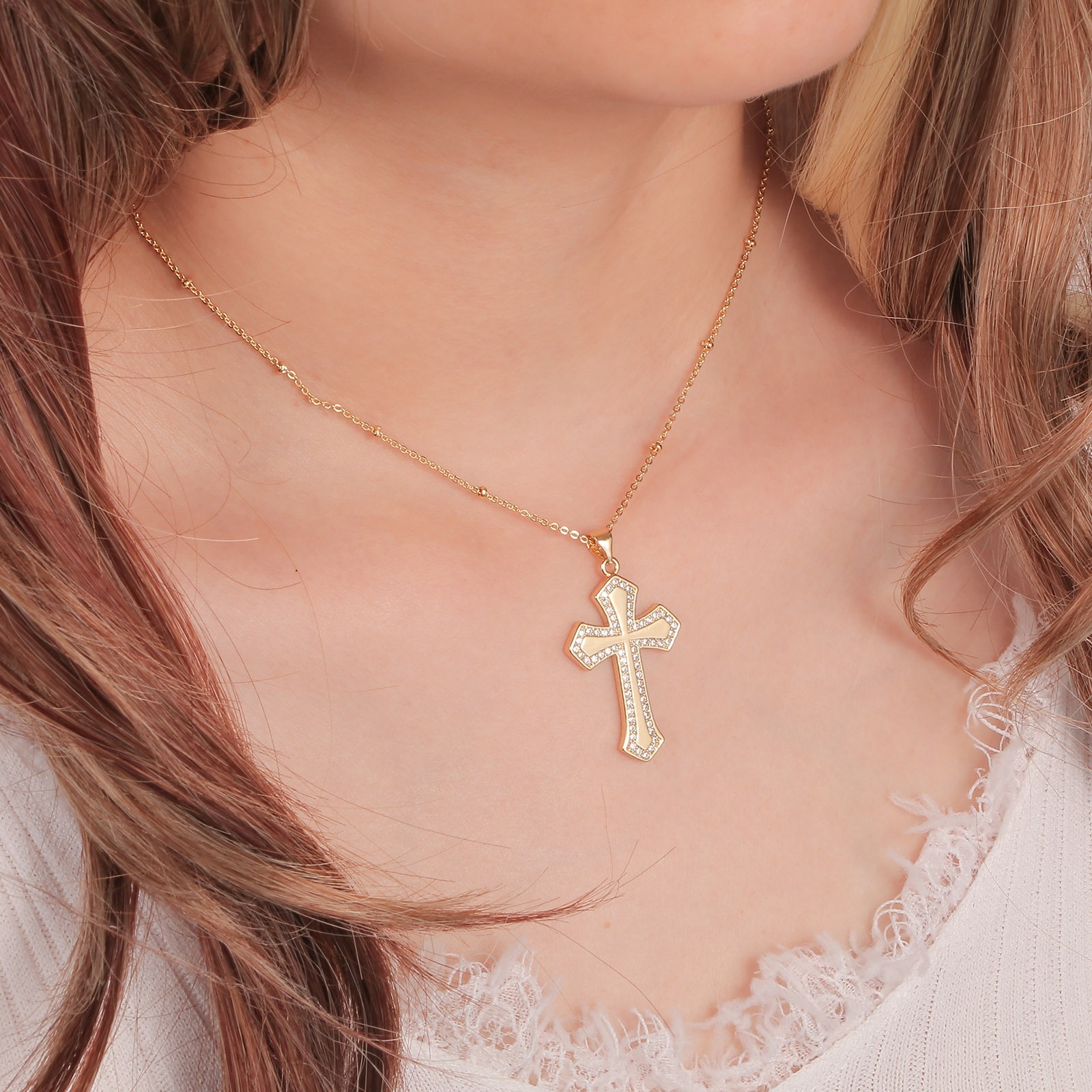 Picture of Eco-friendly Simple & Casual Religious 18K Gold Plated Brass Ball Chain Cross Unisex 42cm(16 4/8") long, 1 Piece