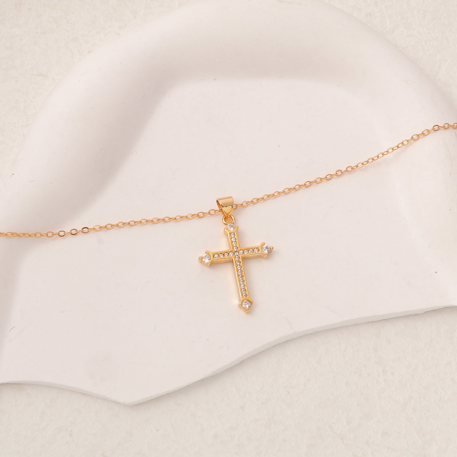 Picture of 1 Piece Eco-friendly Simple & Casual Religious 18K Gold Plated Brass Link Cable Chain Cross Pendant Necklace For Women 45cm(17 6/8") long
