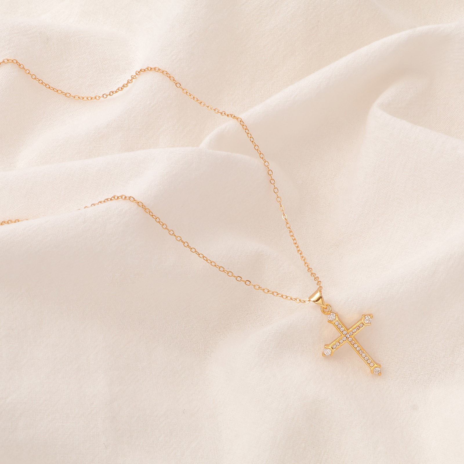 Picture of 1 Piece Eco-friendly Simple & Casual Religious 18K Gold Plated Brass Link Cable Chain Cross Pendant Necklace For Women 45cm(17 6/8") long