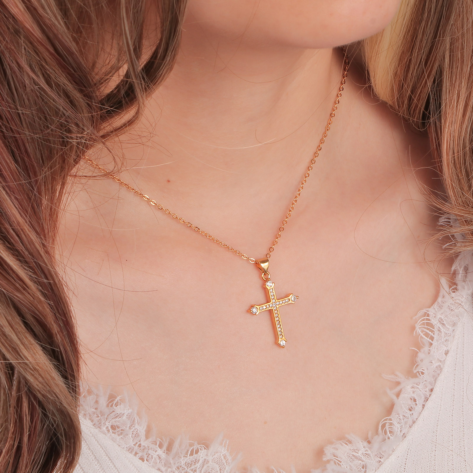 Picture of 1 Piece Eco-friendly Simple & Casual Religious 18K Gold Plated Brass Link Cable Chain Cross Pendant Necklace For Women 45cm(17 6/8") long