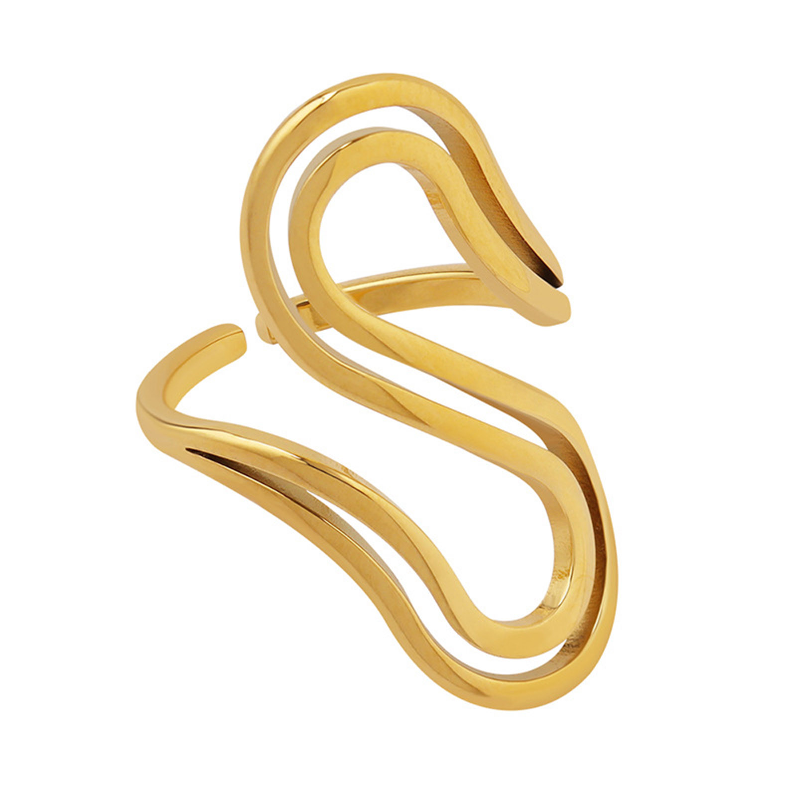 Image de 1 Pièce Placage sous Vide Simple & Décontracté Bagues Ouvert Ajoustable Élégant en 304 Acier Inoxydable Plaqué Or Véritable 18K Forme de S Motifs ligne Unisexe 2.9cm x 1.7cm