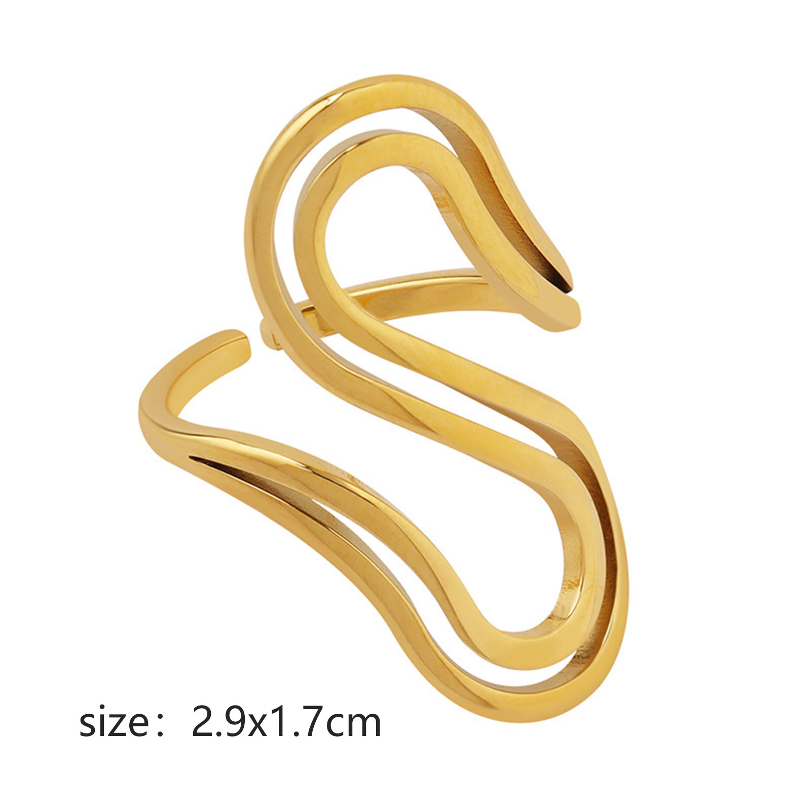 Image de 1 Pièce Placage sous Vide Simple & Décontracté Bagues Ouvert Ajoustable Élégant en 304 Acier Inoxydable Plaqué Or Véritable 18K Forme de S Motifs ligne Unisexe 2.9cm x 1.7cm