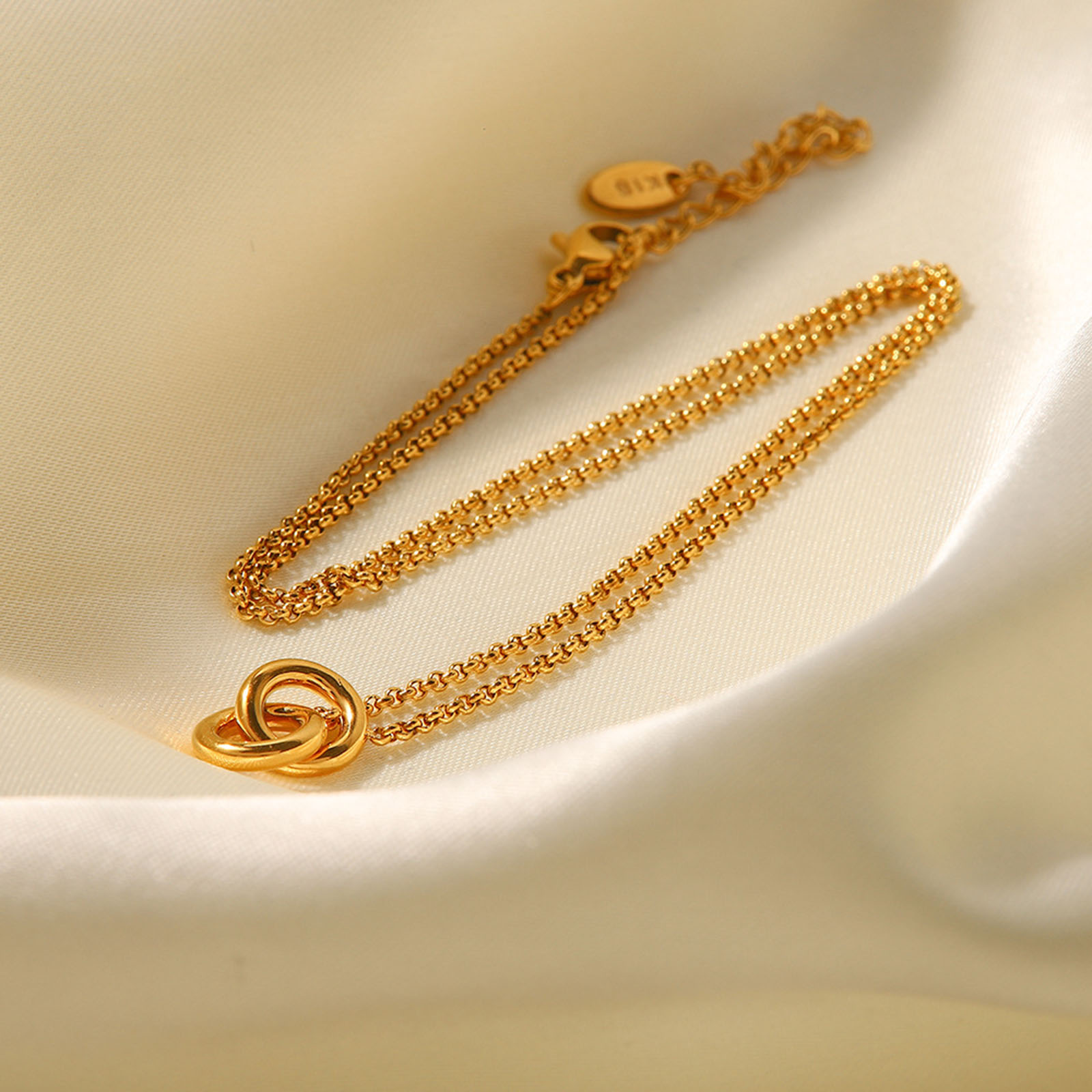 Picture of 1 Piece Vacuum Plating Simple & Casual Stylish 18K Real Gold Plated 304 Stainless Steel Curb Link Chain Bicyclic Pendant Necklace For Women 40cm(15 6/8") long