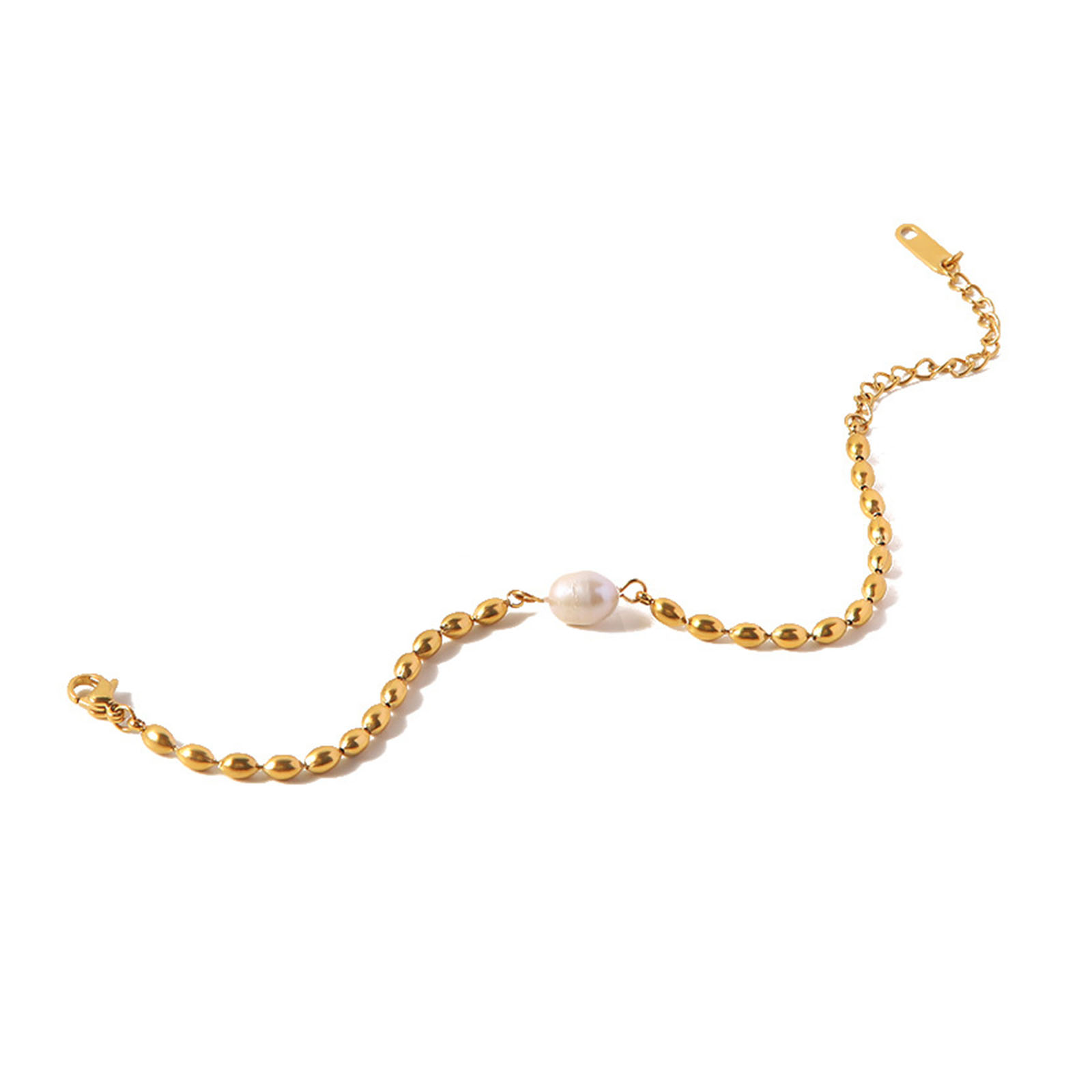 Picture of 1 Piece Vacuum Plating Dainty Stylish 18K Real Gold Plated 304 Stainless Steel & Natural Pearl Ball Chain Bracelets For Women 17cm(6 6/8") long