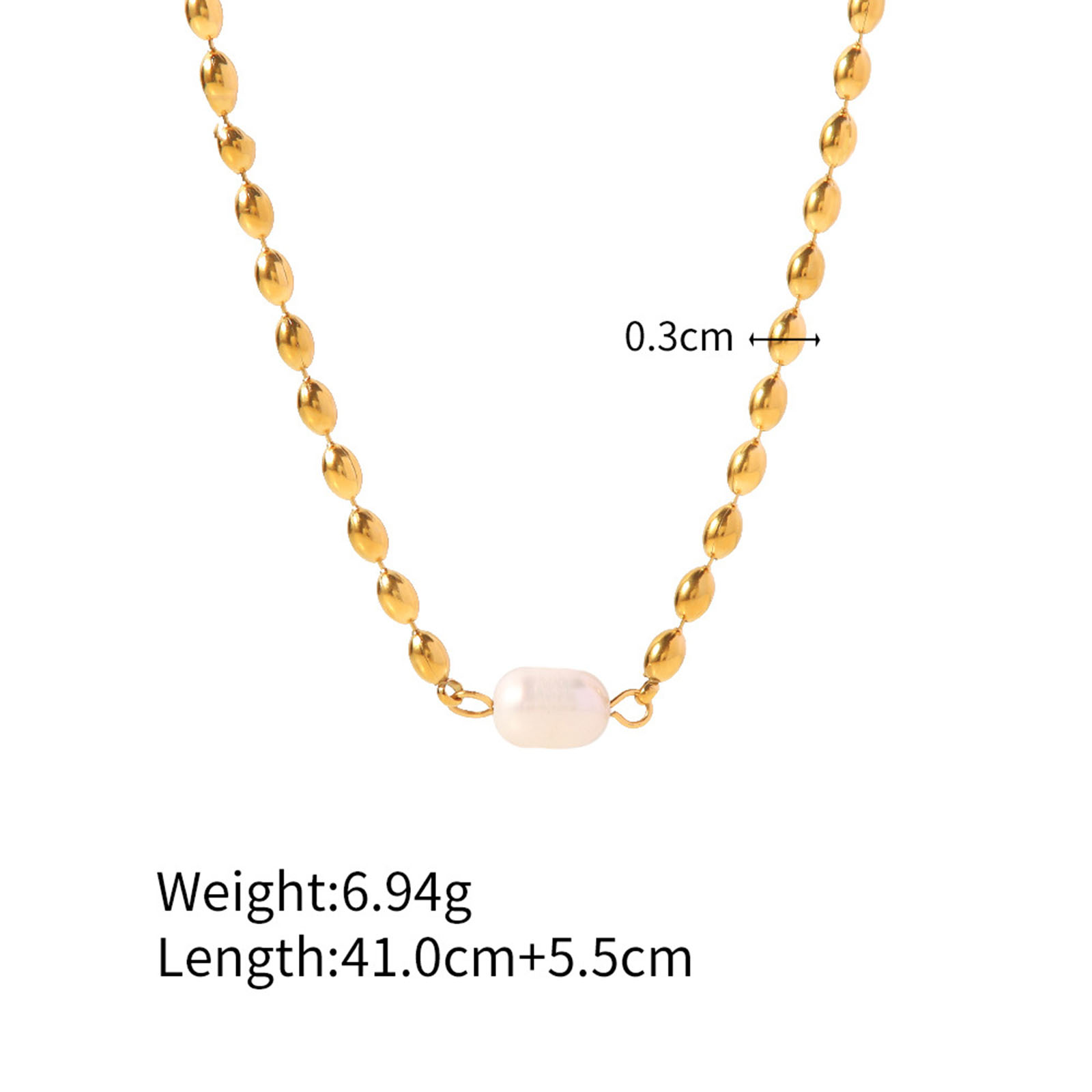 Picture of 1 Piece Vacuum Plating Dainty Stylish 18K Real Gold Plated 304 Stainless Steel & Natural Pearl Ball Chain Necklace For Women 41cm(16 1/8") long