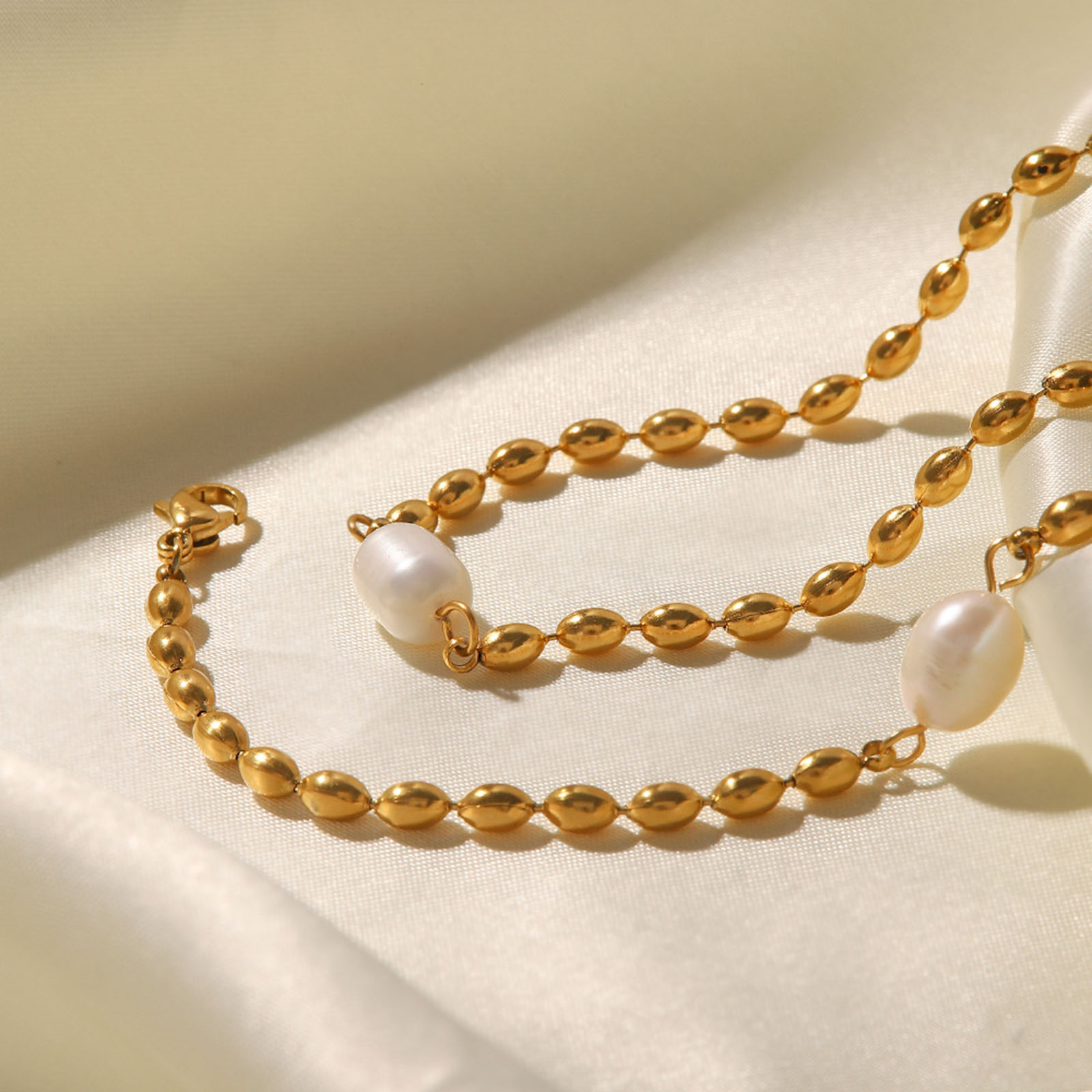 Picture of 1 Piece Vacuum Plating Dainty Stylish 18K Real Gold Plated 304 Stainless Steel & Natural Pearl Ball Chain Necklace For Women 41cm(16 1/8") long