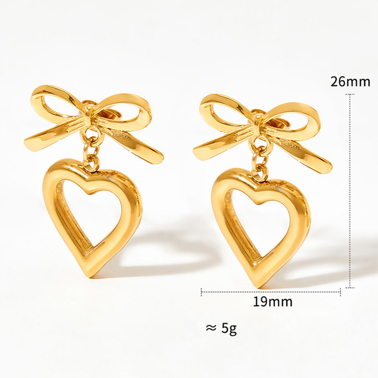 Bild von 1 Paar Vakuumbeschichtung Einfach und lässig Stilvoll 14K Echtgold plattiert 304 Edelstahl Schleife Herz Ohrring Für Frauen 2,6cm x 1,9cm
