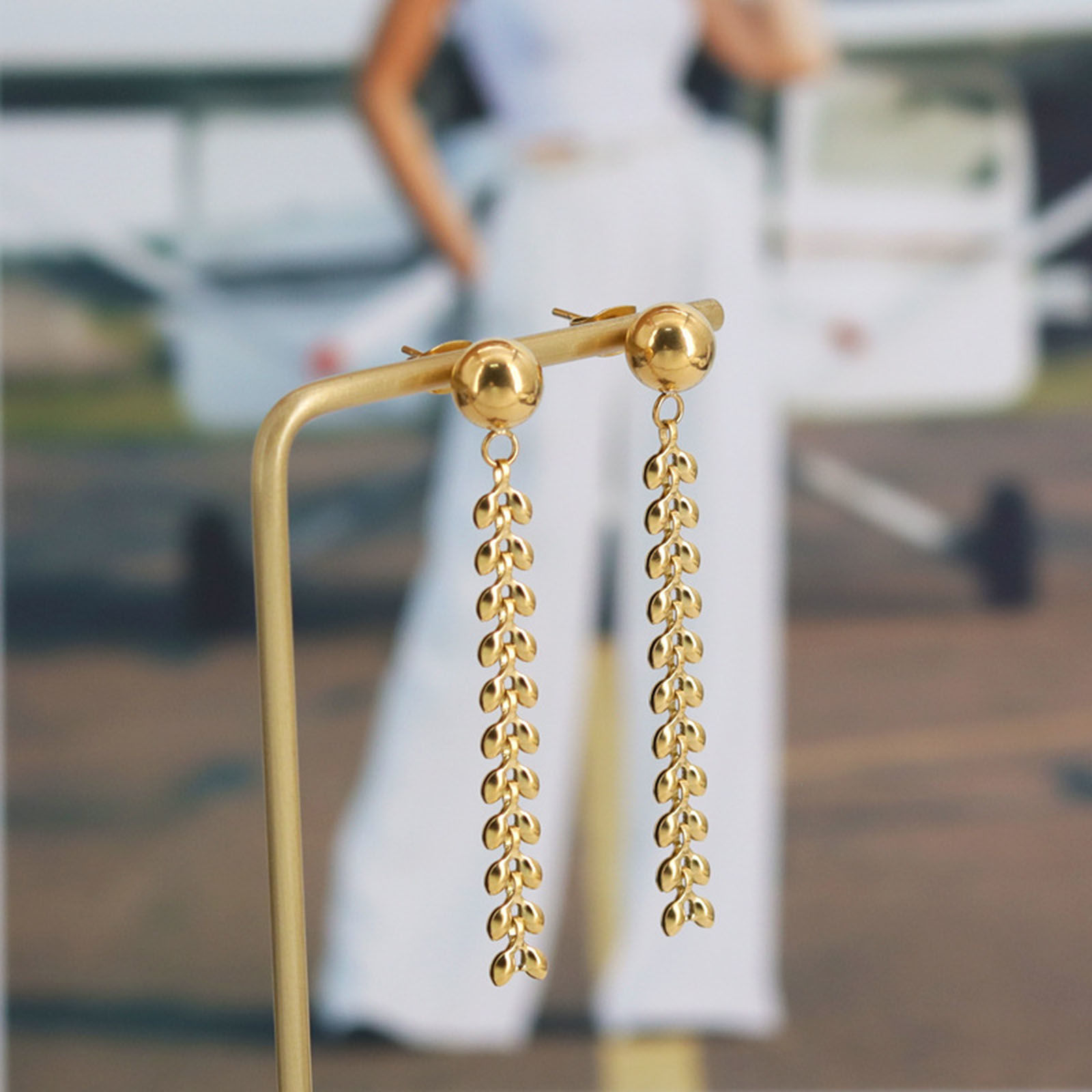 Picture of 1 Pair Vacuum Plating Natural Pastoral Stylish 18K Real Gold Plated 304 Stainless Steel Leaf Tassel Earrings For Women 4.5cm x