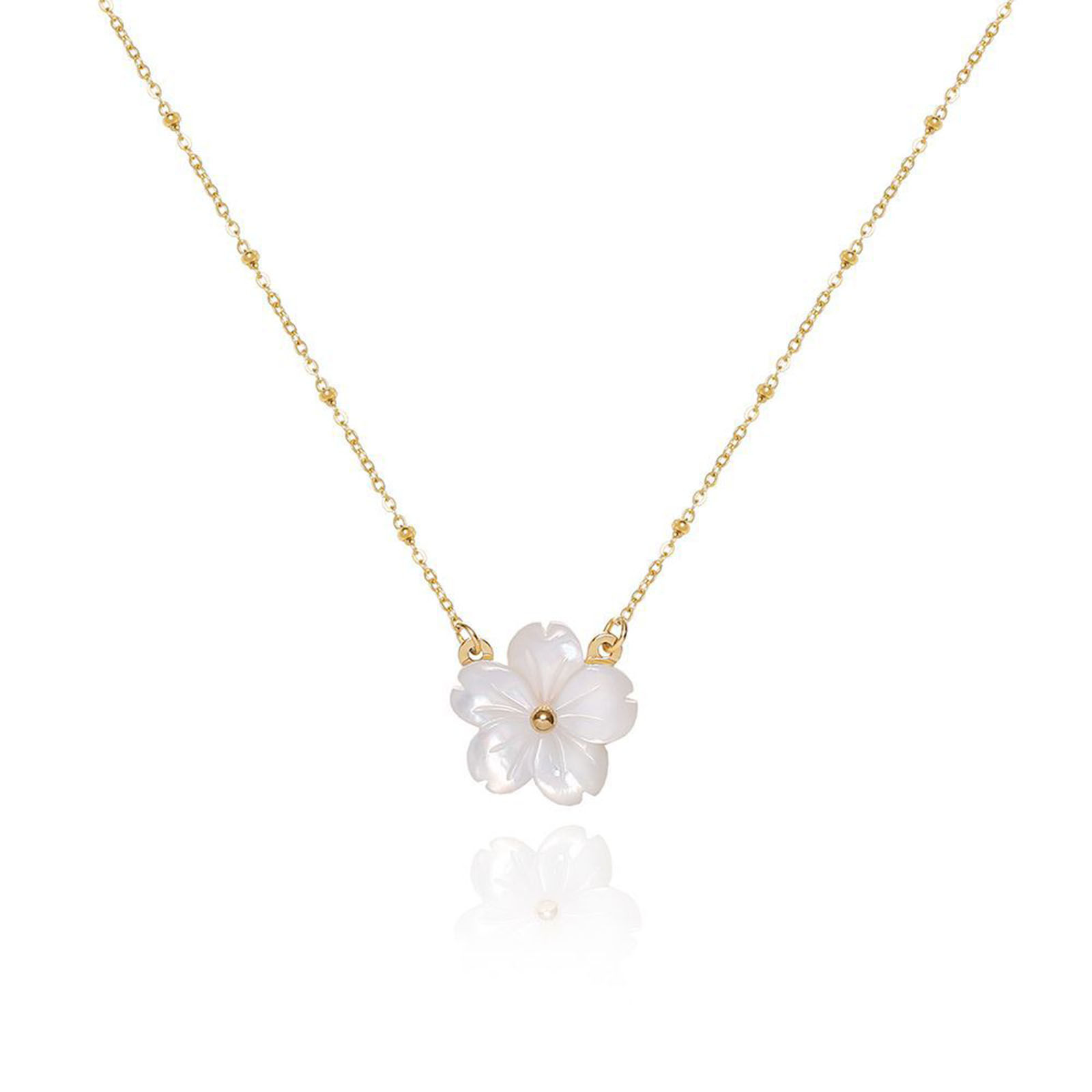 Picture of 1 Piece Vacuum Plating Stylish 18K Real Gold Plated 304 Stainless Steel & Natural Shell Link Cable Chain Flower Pendant Necklace 42cm(16 4/8") long