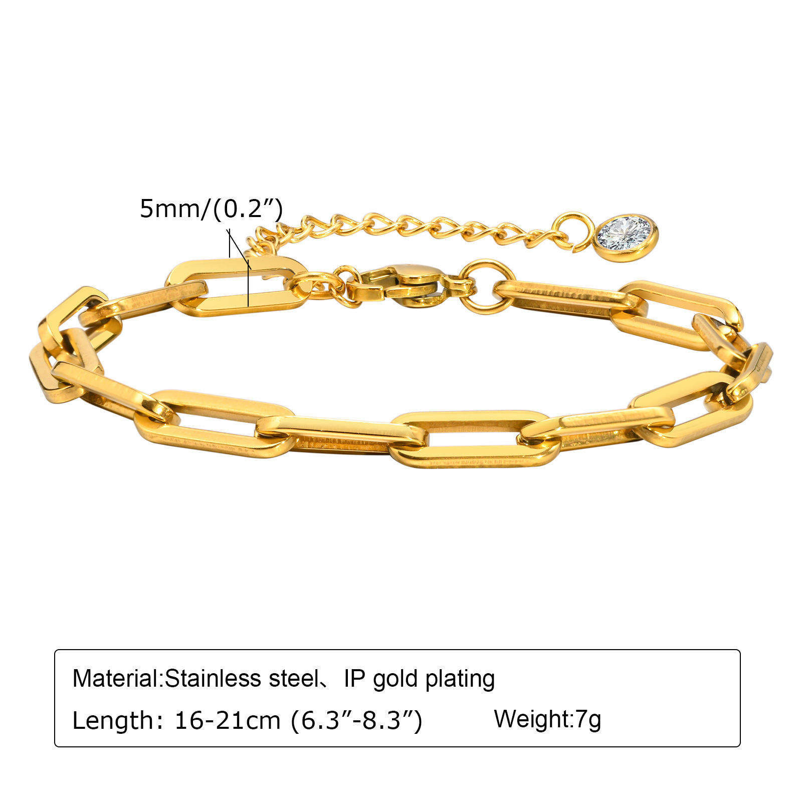 Picture of 1 Piece Vacuum Plating Stylish Simple 18K Real Gold Plated 304 Stainless Steel Paperclip Chain Bracelets Unisex Party 16cm(6 2/8") long