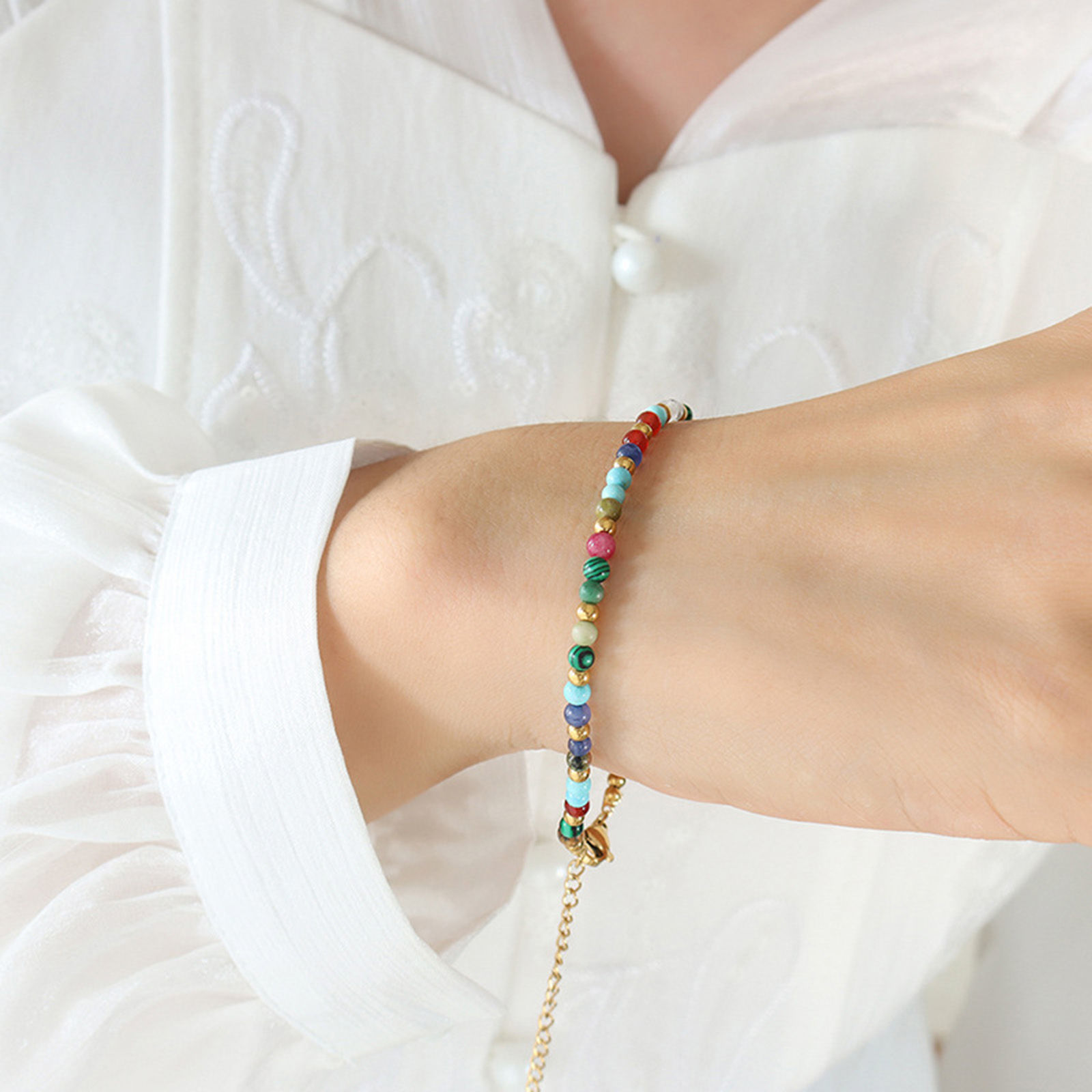 Picture of Eco-friendly Vacuum Plating Simple & Casual Boho Chic Bohemia 18K Real Gold Plated 304 Stainless Steel & Stone Link Chain Dainty Bracelets Delicate Bracelets Beaded Bracelet For Women Mother's Day 18cm(7 1/8") long, 1 Piece