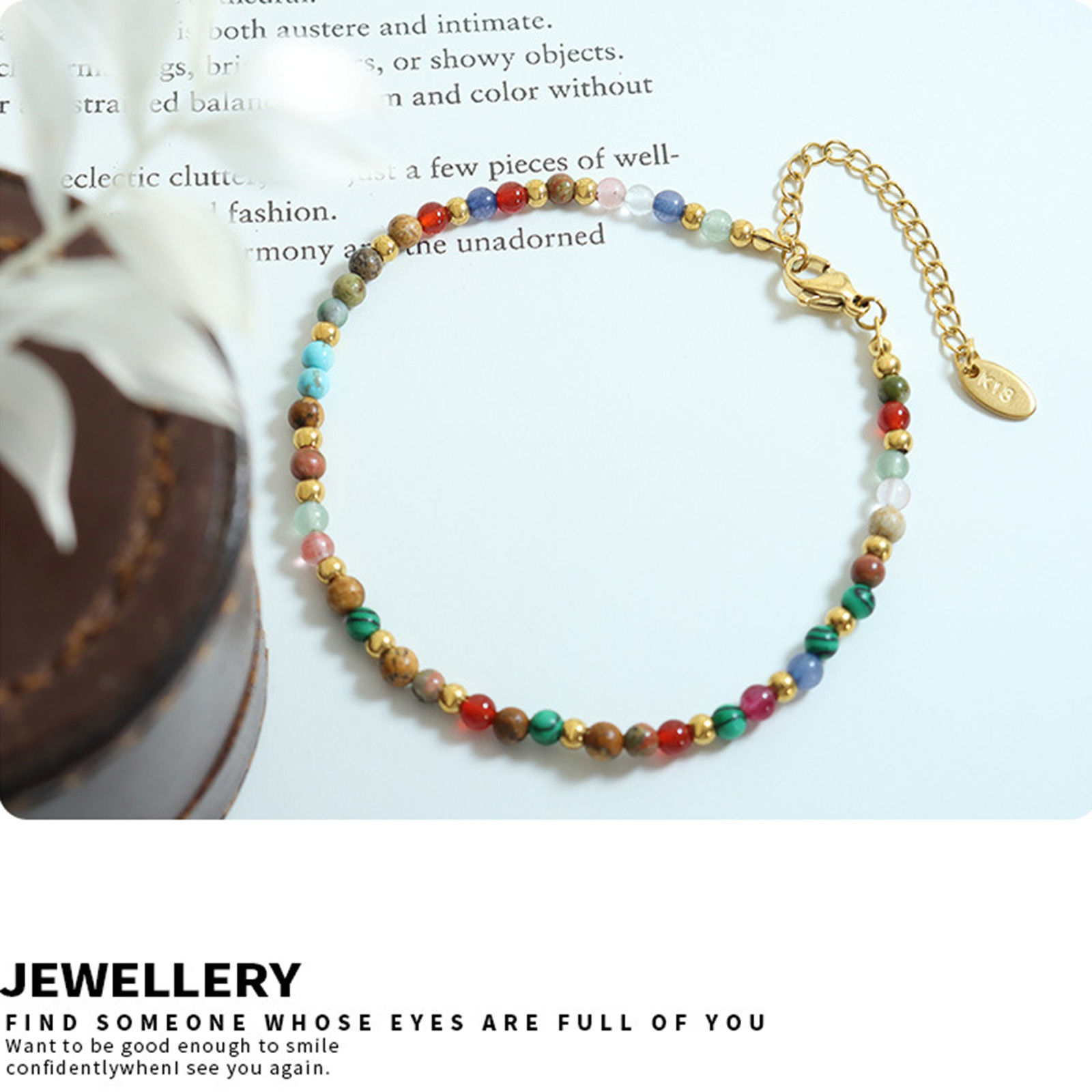 Picture of Eco-friendly Vacuum Plating Simple & Casual Boho Chic Bohemia 18K Real Gold Plated 304 Stainless Steel & Stone Link Chain Dainty Bracelets Delicate Bracelets Beaded Bracelet For Women Mother's Day 18cm(7 1/8") long, 1 Piece