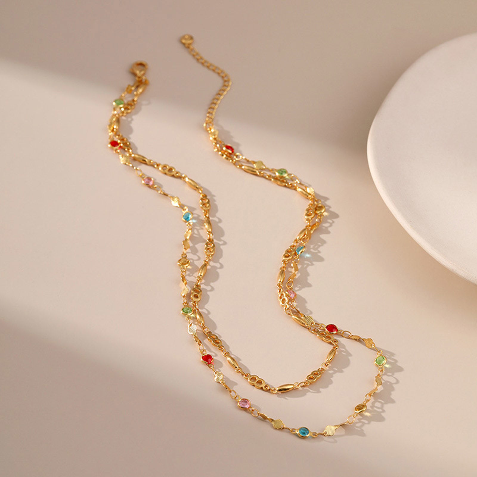Picture of 1 Piece Eco-friendly Stylish Ethnic 18K Real Gold Plated Brass & Cubic Zirconia Link Chain Multilayer Layered Necklace For Women Party 38cm(15") long