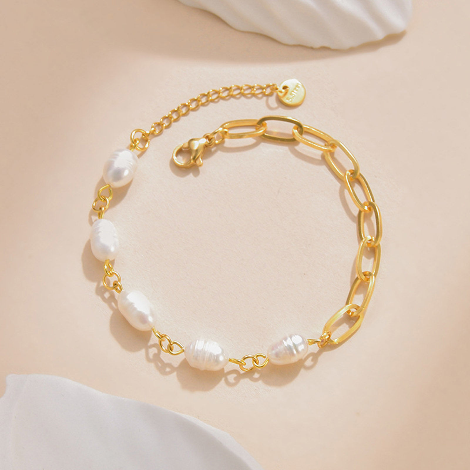 Picture of 1 Piece Vacuum Plating Baroque Elegant 14K Gold Plated 304 Stainless Steel Paperclip Chain Imitation Pearl Bracelets For Women Party 16cm(6 2/8") long