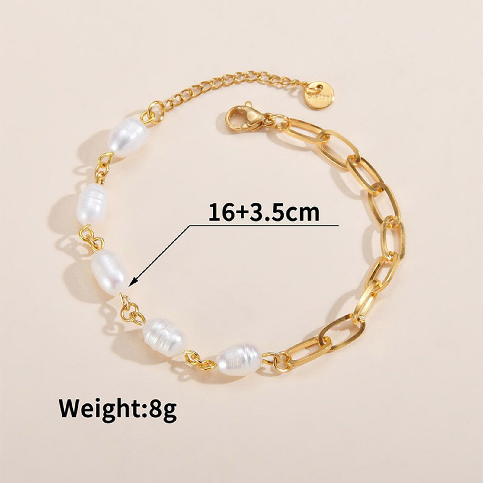 Picture of 1 Piece Vacuum Plating Baroque Elegant 14K Gold Plated 304 Stainless Steel Paperclip Chain Imitation Pearl Bracelets For Women Party 16cm(6 2/8") long