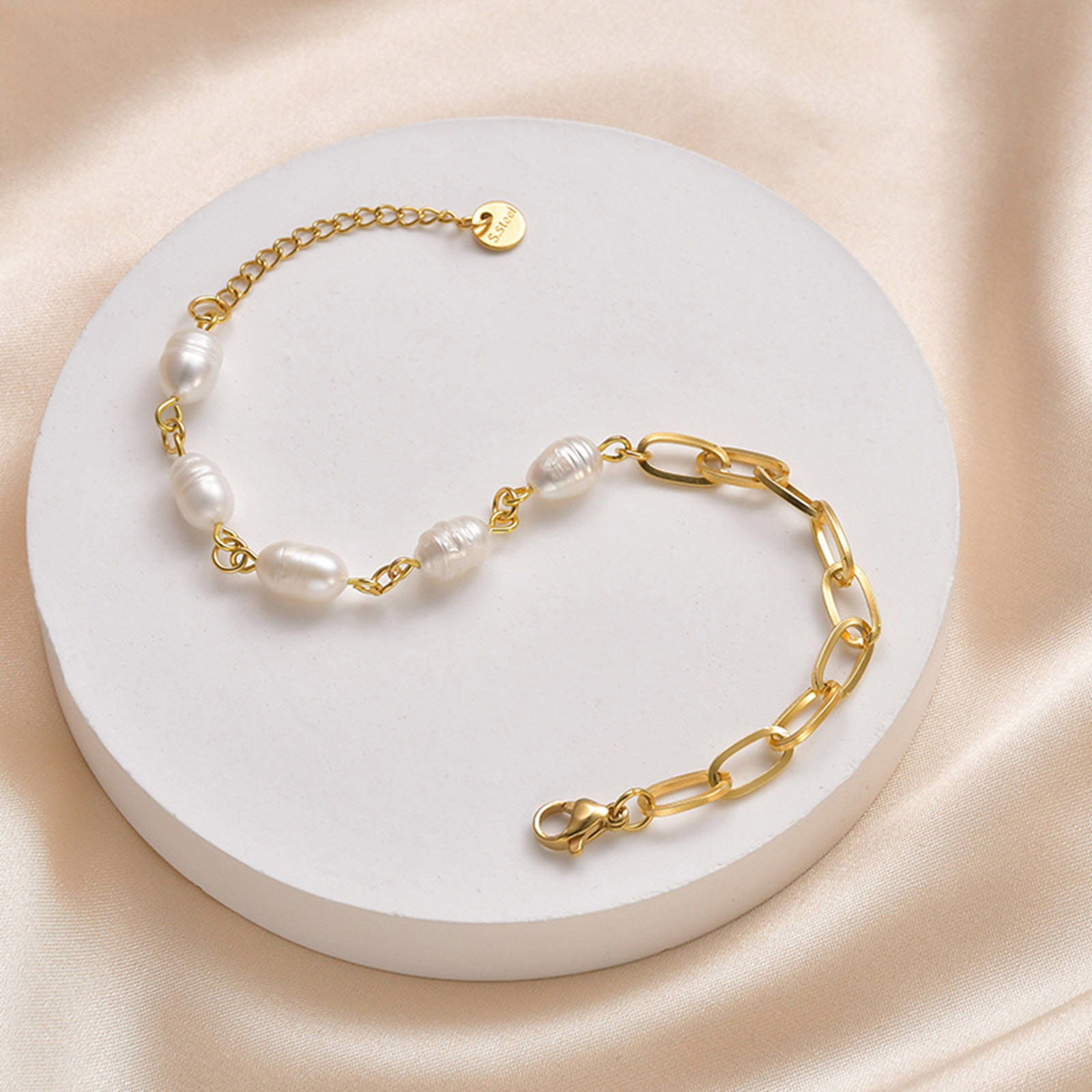 Picture of 1 Piece Vacuum Plating Baroque Elegant 14K Gold Plated 304 Stainless Steel Paperclip Chain Imitation Pearl Bracelets For Women Party 16cm(6 2/8") long