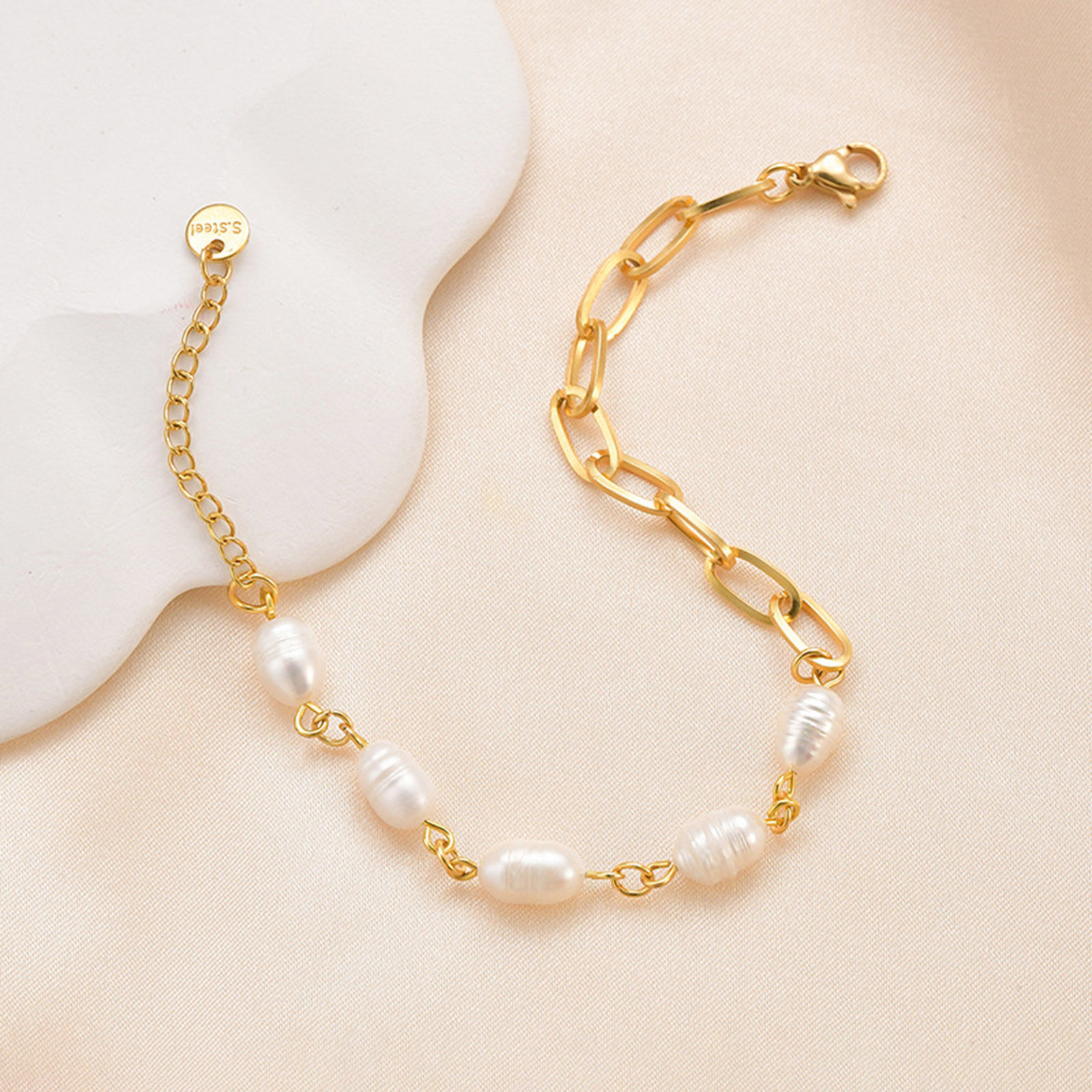 Picture of 1 Piece Vacuum Plating Baroque Elegant 14K Gold Plated 304 Stainless Steel Paperclip Chain Imitation Pearl Bracelets For Women Party 16cm(6 2/8") long