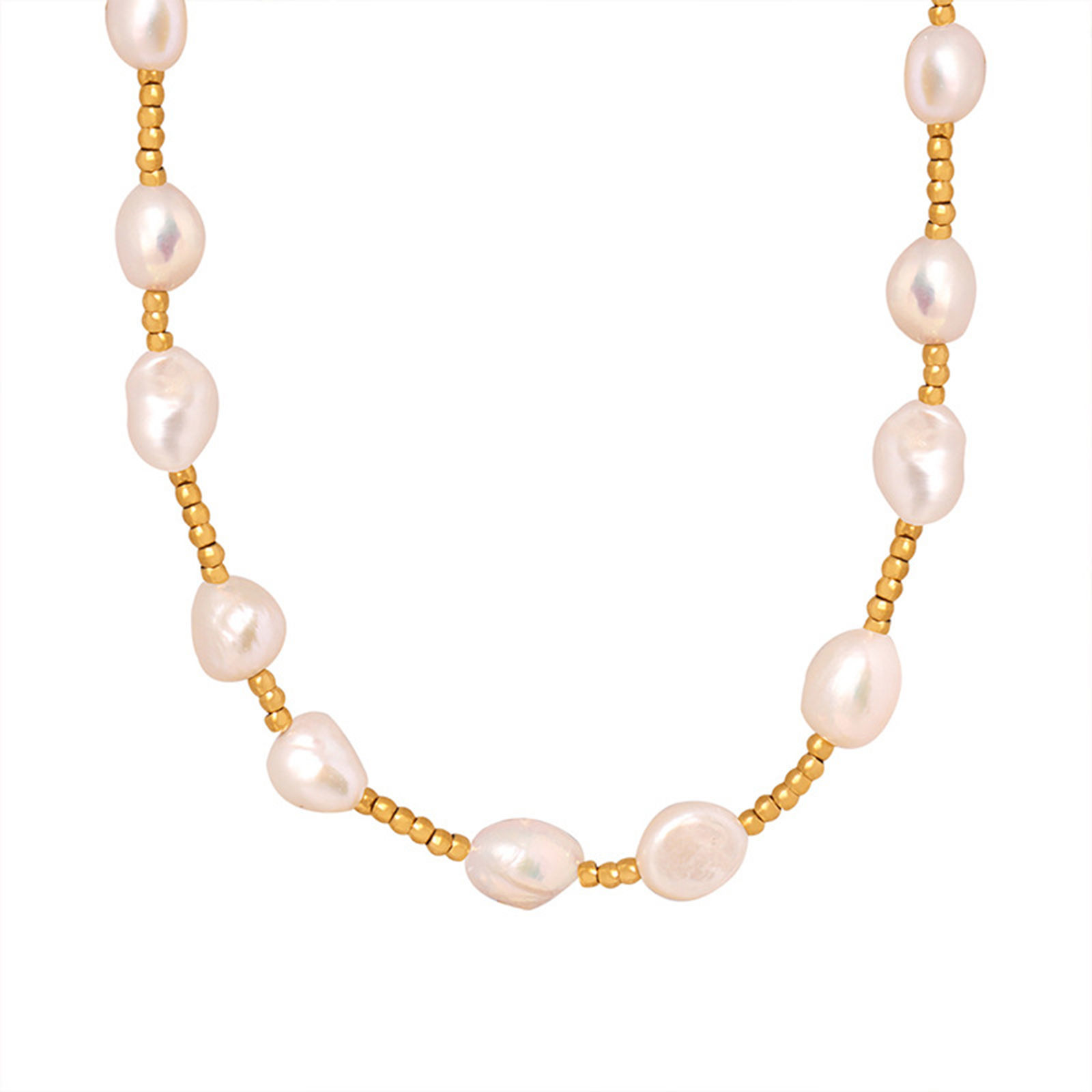 Picture of 1 Piece Vacuum Plating Dainty Romantic 18K Real Gold Plated 304 Stainless Steel & Natural Pearl Beaded Necklace For Women 38cm(15") long