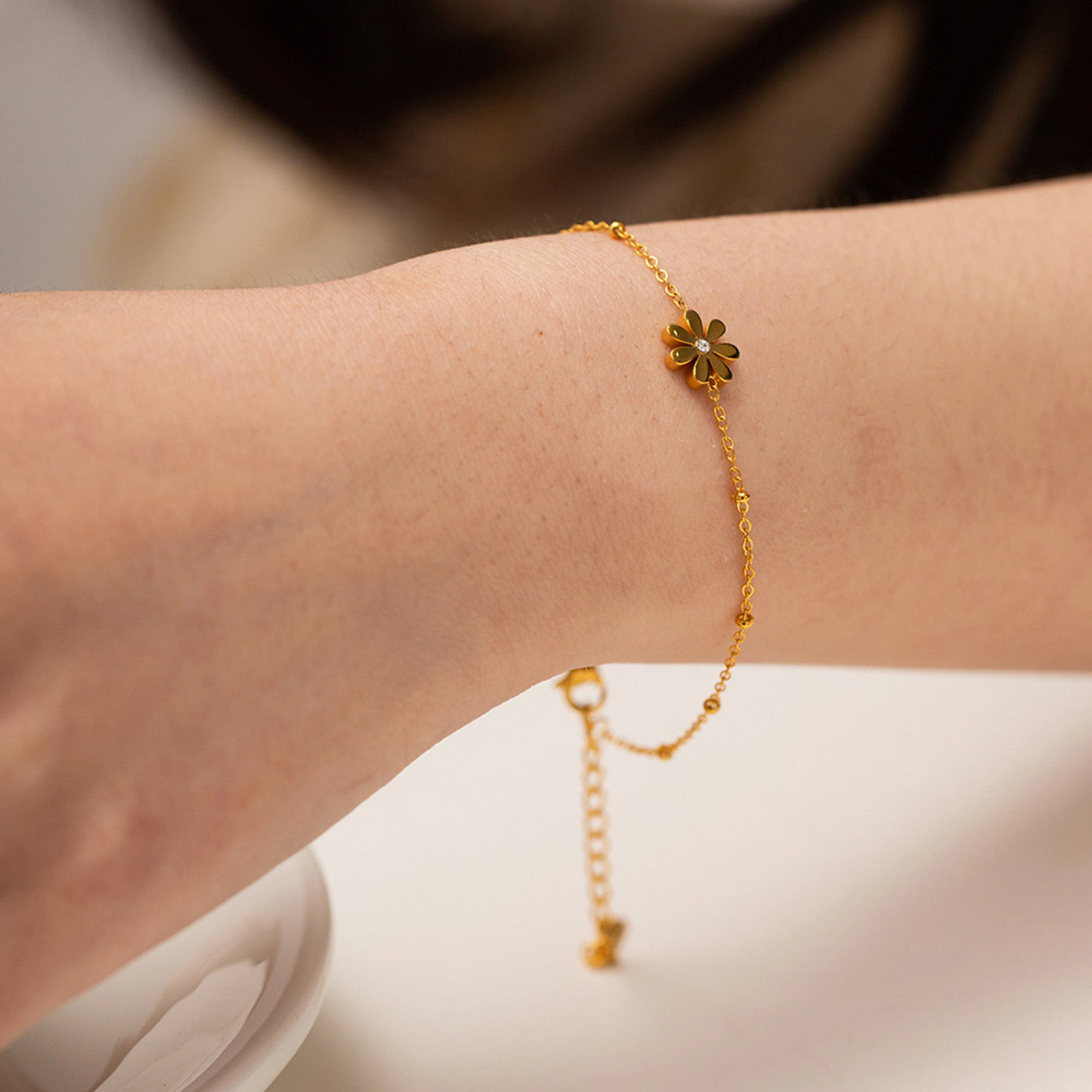 Image de Placage Sous Vide Écologique Sucré & Mignon Bracelets Chaîne Maille Forçat Simple en 304 Acier Inoxydable & Strass Plaqué Or Véritable 18K Fleur de Muguet Pour Femmes 16cm long, 1 Pièce