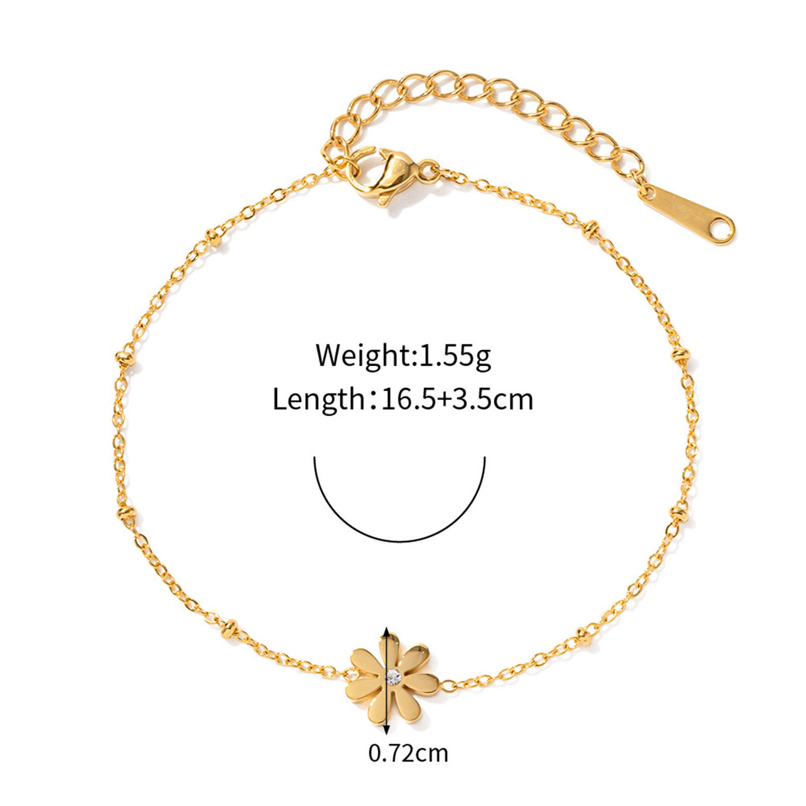 Image de Placage Sous Vide Écologique Sucré & Mignon Bracelets Chaîne Maille Forçat Simple en 304 Acier Inoxydable & Strass Plaqué Or Véritable 18K Fleur de Muguet Pour Femmes 16cm long, 1 Pièce