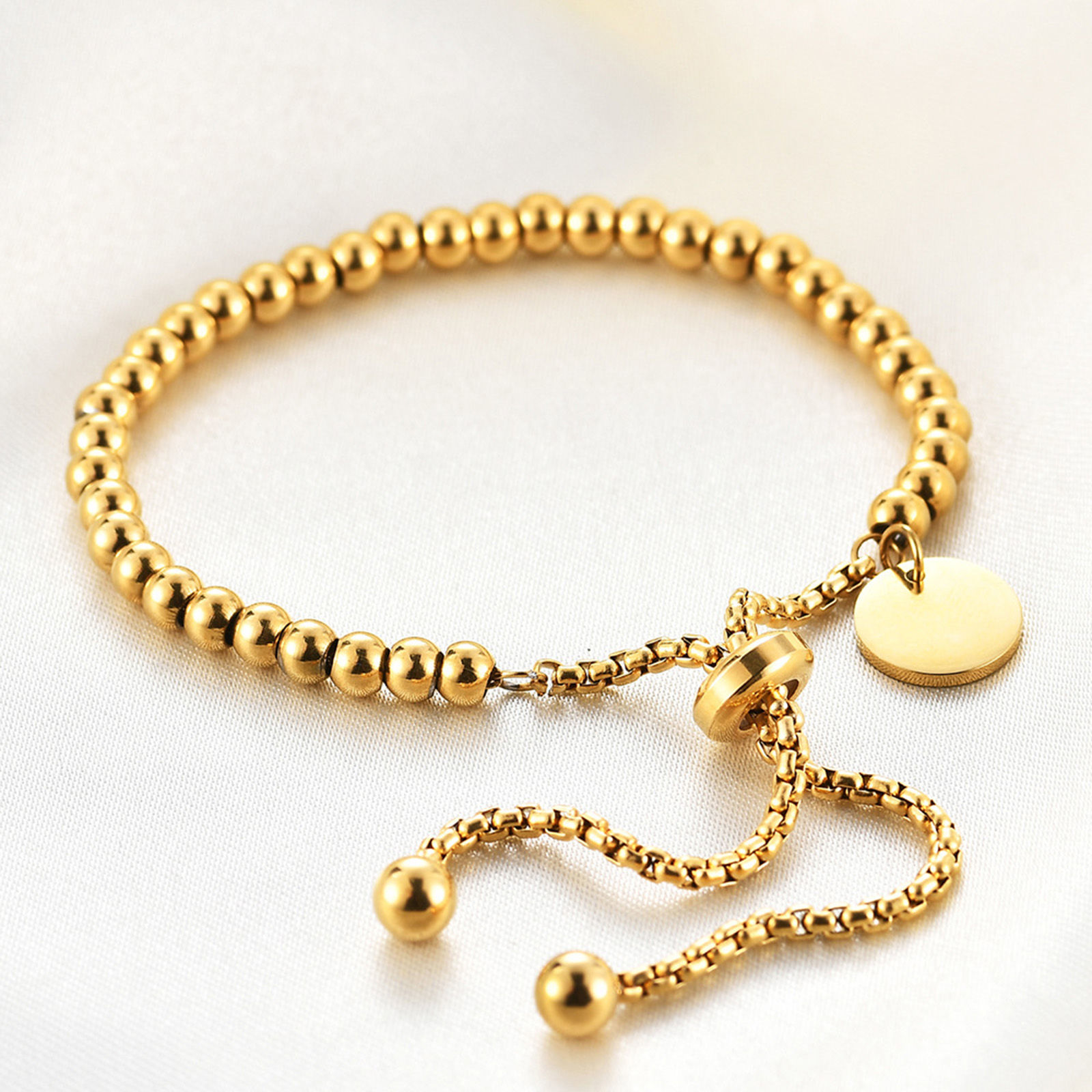 Picture of Eco-friendly Vacuum Plating Simple & Casual Stylish 18K Gold Plated 316L Stainless Steel Link Chain Round Beaded Adjustable Slider/ Slide Bolo Charm Bracelets Unisex Anniversary 16cm - 23cm long, 1 Piece