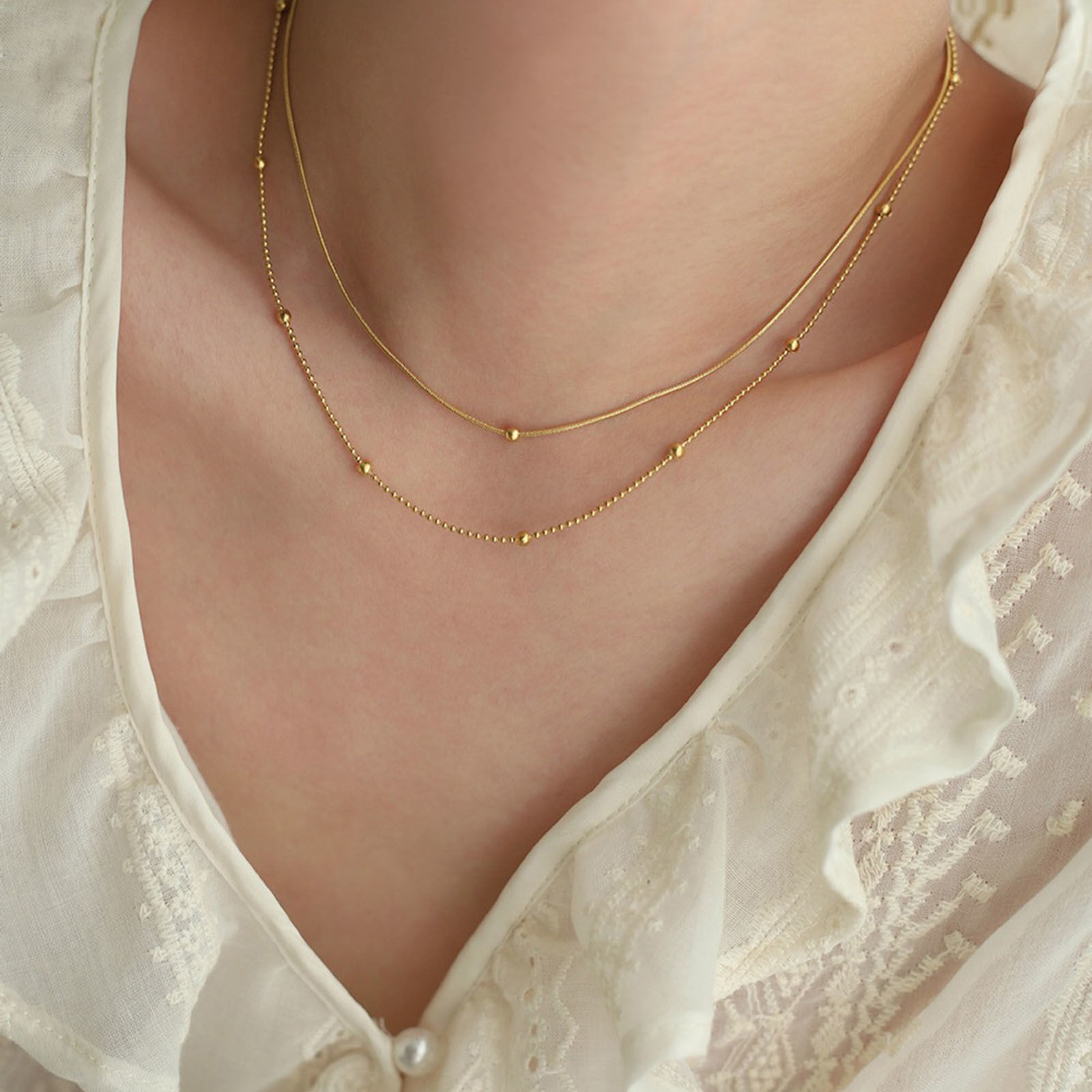 Picture of Eco-friendly Vacuum Plating Stylish Simple 18K Real Gold Plated 304 Stainless Steel Ball Chain Multilayer Layered Necklace Unisex 36cm-40cm long, 1 Piece