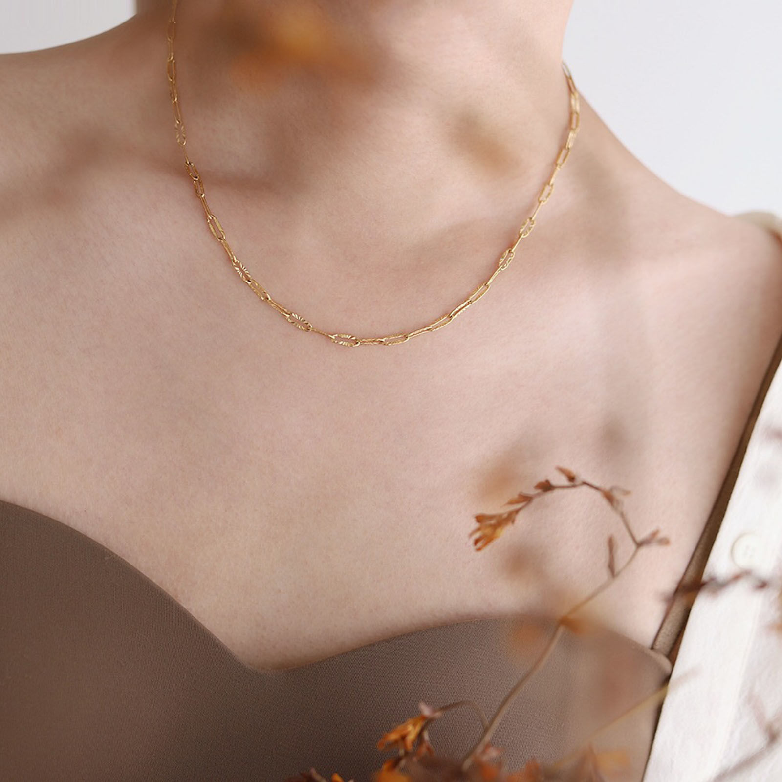 Picture of Eco-friendly Vacuum Plating Simple & Casual Ins Style 18K Real Gold Plated 304 Stainless Steel Textured Chain Paper Clip Necklace Unisex Party 42cm(16 4/8") long, 1 Piece