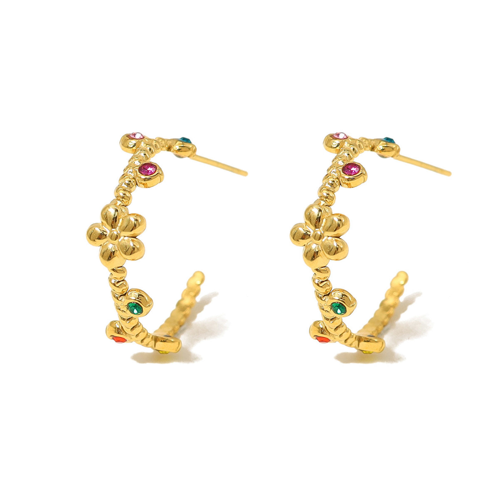 Bild von 1 Paar Umweltfreundliche Vakuumbeschichtung Süß Stilvoll 18K Echtgold plattiert 304 Edelstahl & Strass C-Form Blumen Hoop Ohrringe Für Frauen Party 2cm