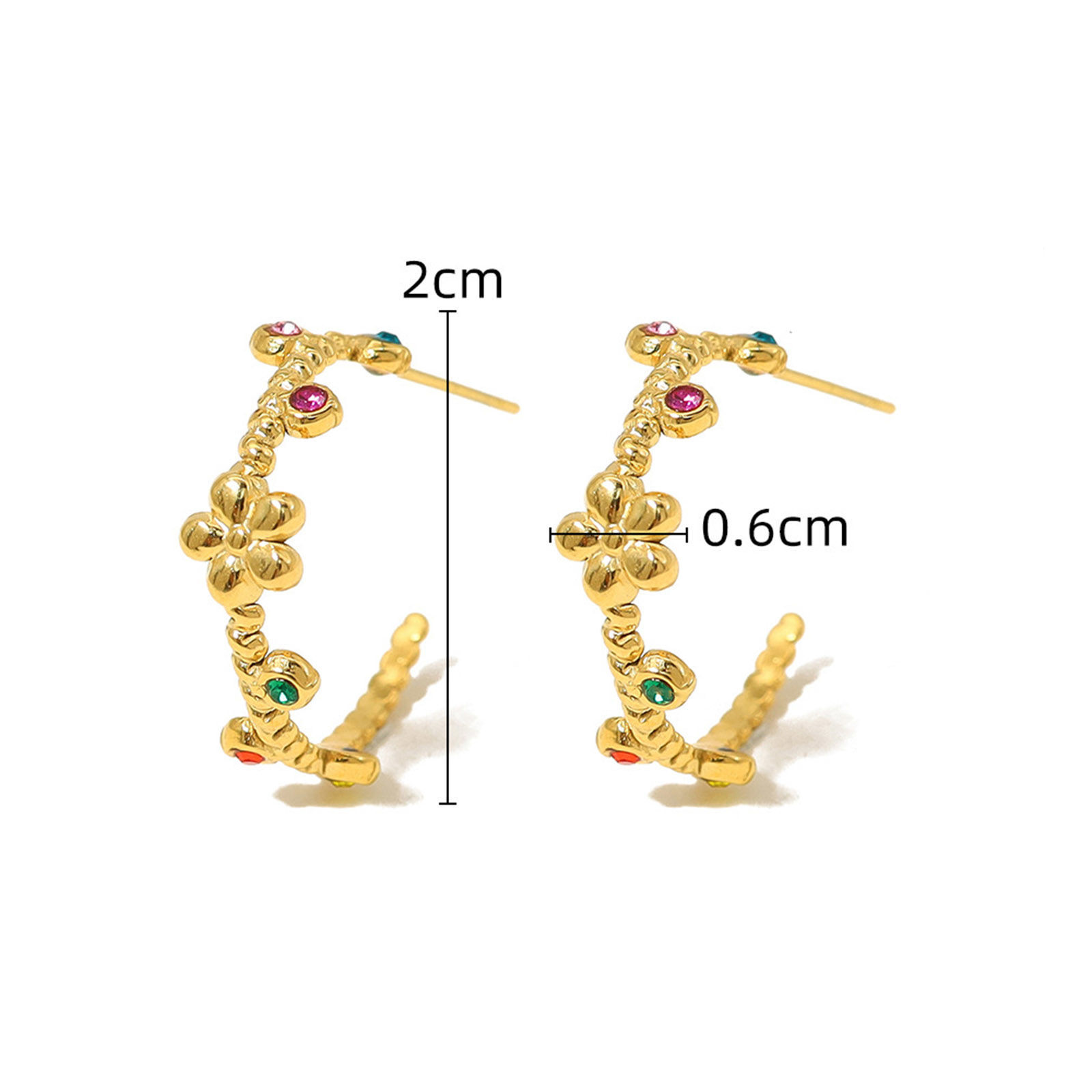 Bild von 1 Paar Umweltfreundliche Vakuumbeschichtung Süß Stilvoll 18K Echtgold plattiert 304 Edelstahl & Strass C-Form Blumen Hoop Ohrringe Für Frauen Party 2cm