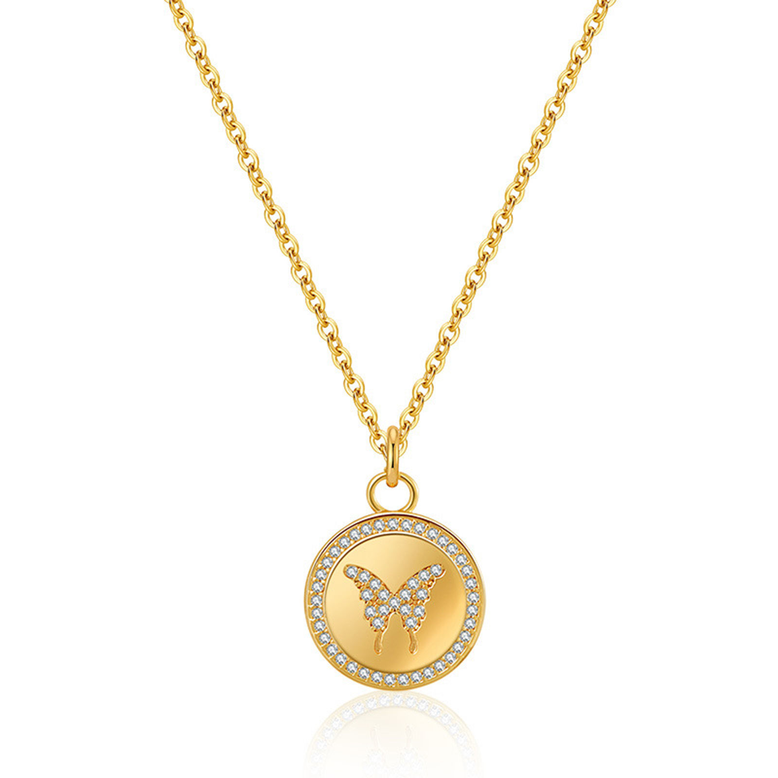 Picture of 1 Piece Eco-friendly Vacuum Plating Stylish Simple 18K Real Gold Plated Brass & Cubic Zirconia Link Cable Chain Round Butterfly Pendant Necklace For Women Party 41cm(16 1/8") long