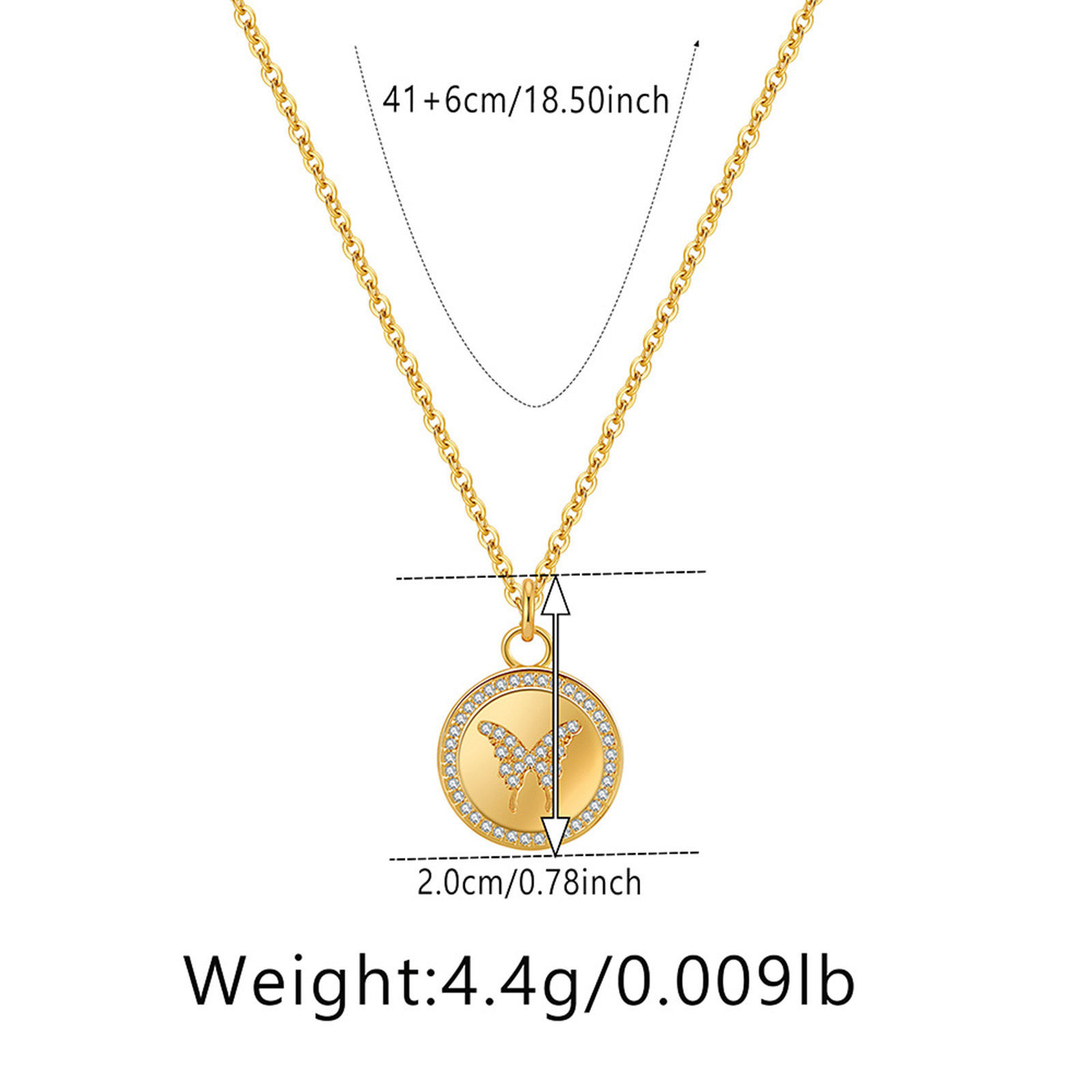 Picture of 1 Piece Eco-friendly Vacuum Plating Stylish Simple 18K Real Gold Plated Brass & Cubic Zirconia Link Cable Chain Round Butterfly Pendant Necklace For Women Party 41cm(16 1/8") long